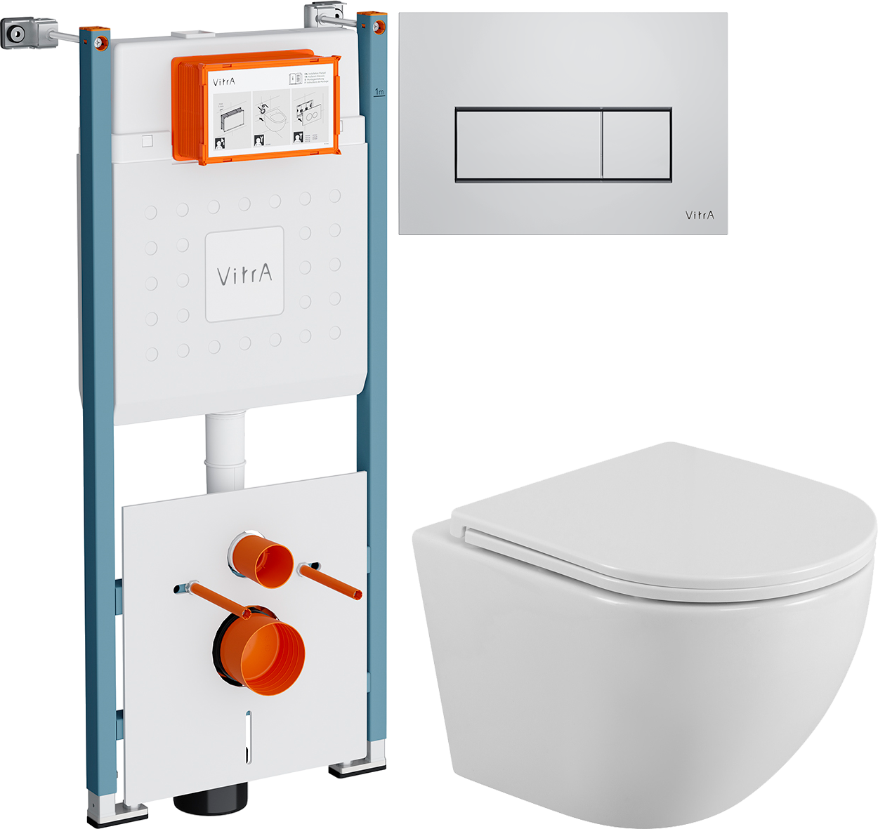 Комплект 3 в 1 Унитаз подвесной BelBagno Uno BB3105CHR/SC + Инсталляция VitrA V-Fix Core 732-5800-01PV + Кнопка Root Square 740-2380 цвет хром