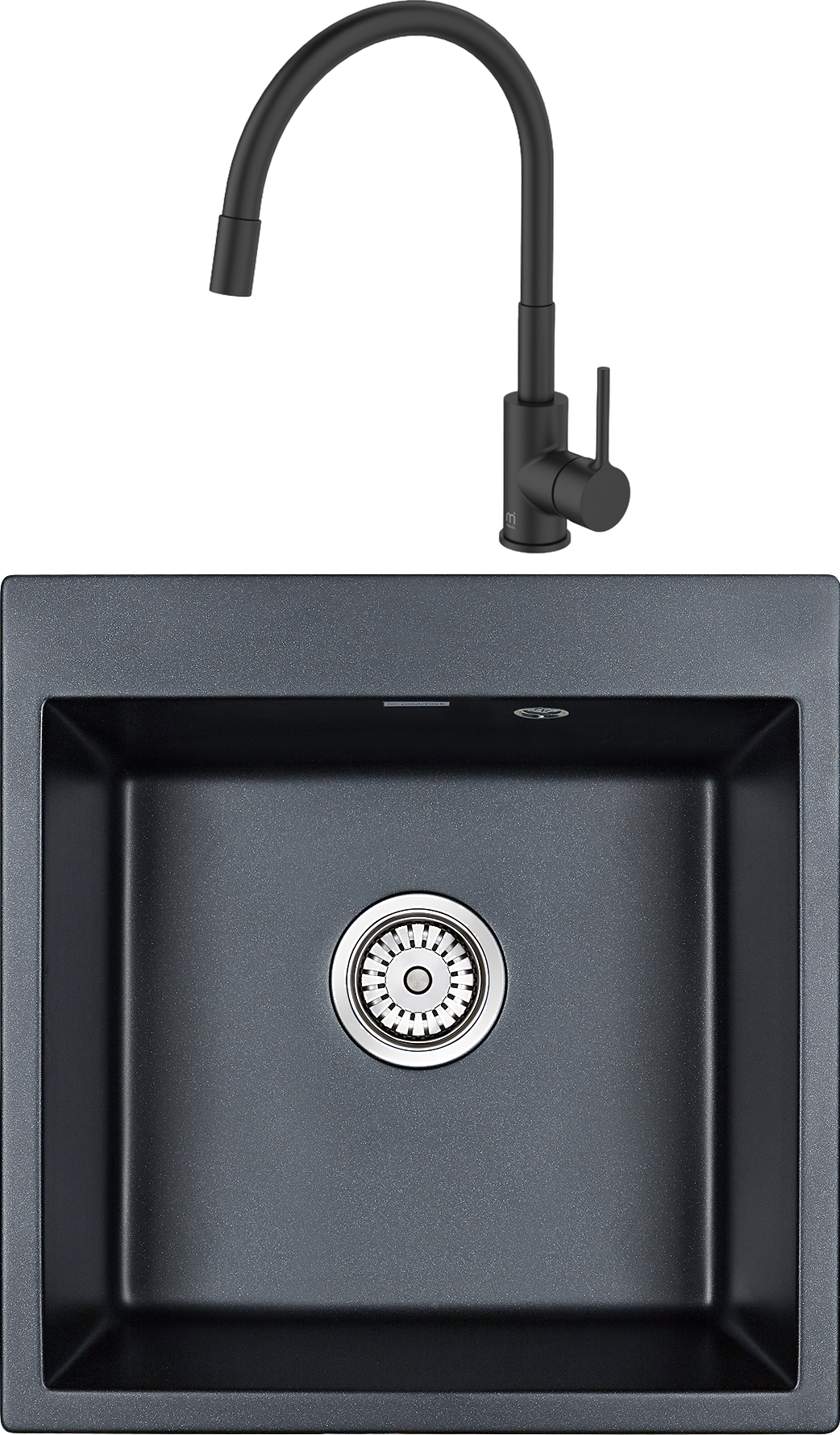 Комплект Мойка Paulmark Kante 50 PM105152-BLM, черный металлик + Смеситель Milardo Meal M01BL0FM05, черный, с гибким изливом