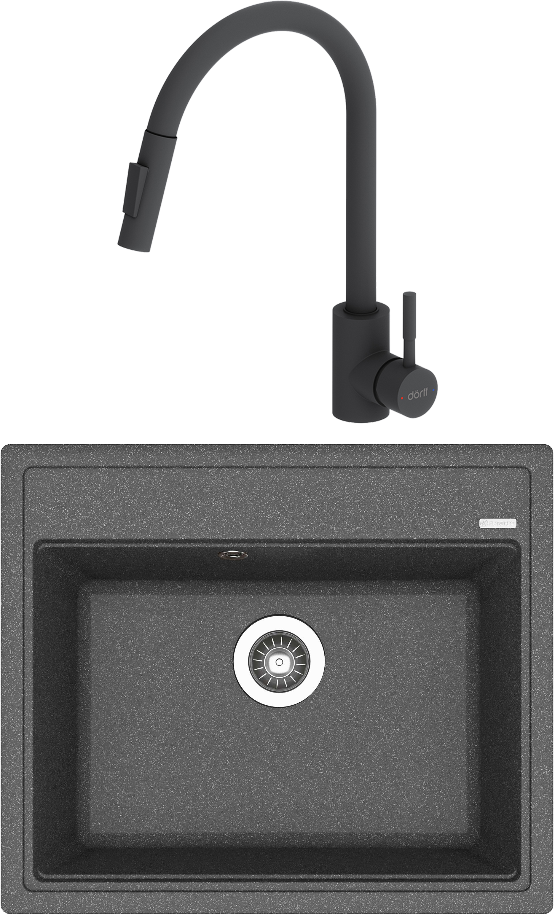 Комплект Мойка Florentina Липси, 600 черная + Смеситель Dorff Logic D3007522, черный