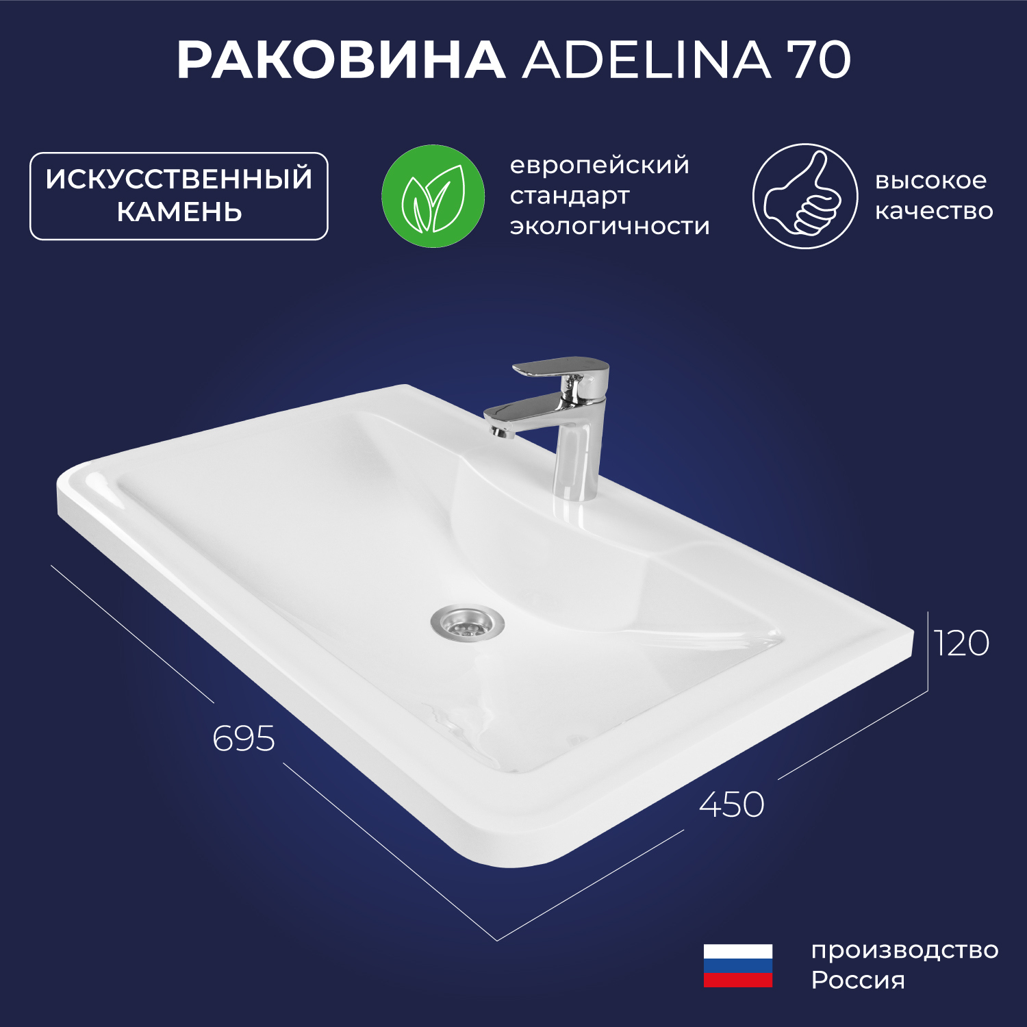 Мебельная раковина Itana Adelina 70 накладная, глянцевая белая, прямоугольная, искусственный камень