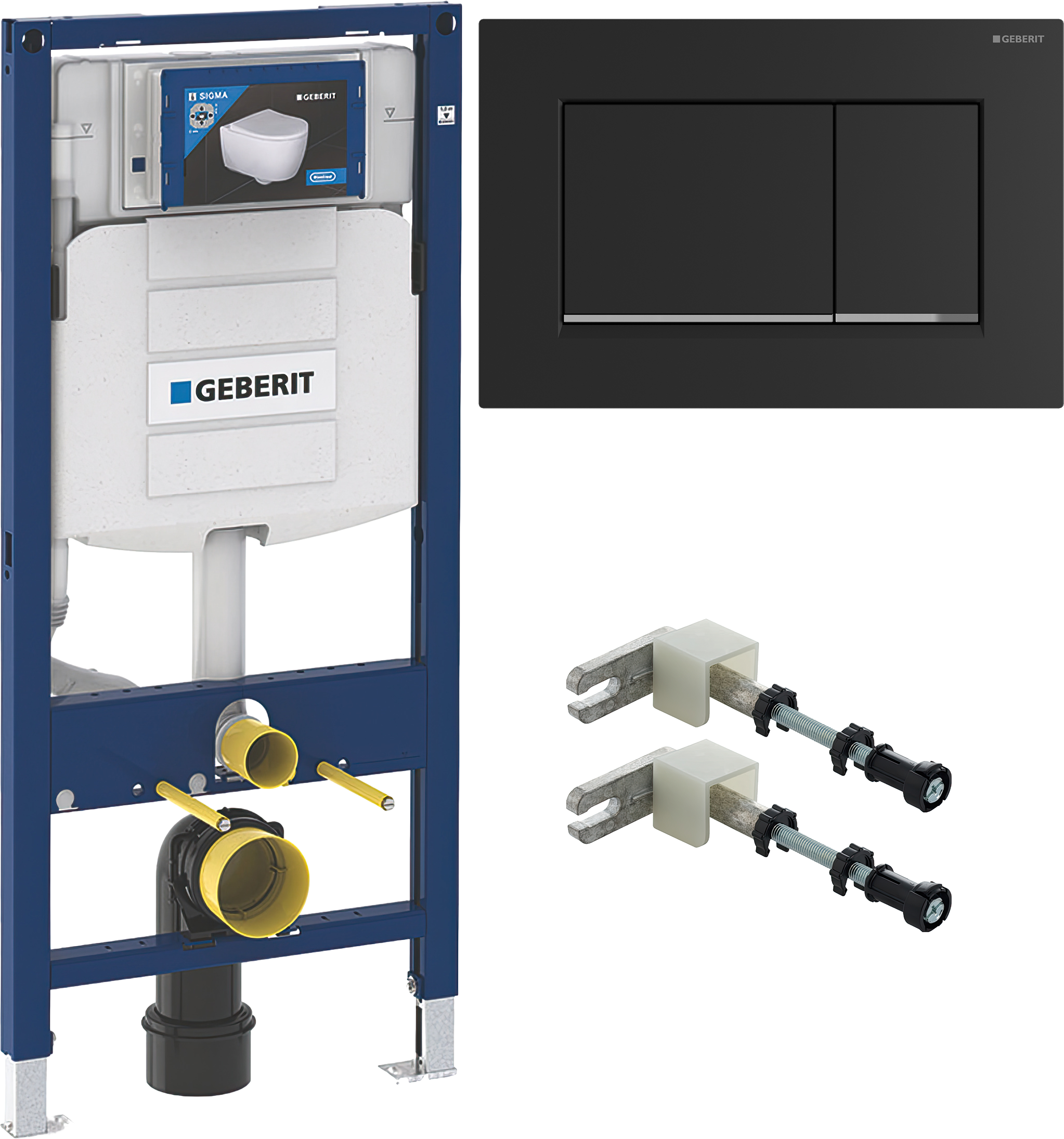 Комплект Инсталляция Geberit Duofix UP 320 111.300.00.5 (111.950.00.6) + Кнопка Sigma 30 115.883.14.1 цвет черный матовый лак, хром + Крепления 111.815.00.1, к стене