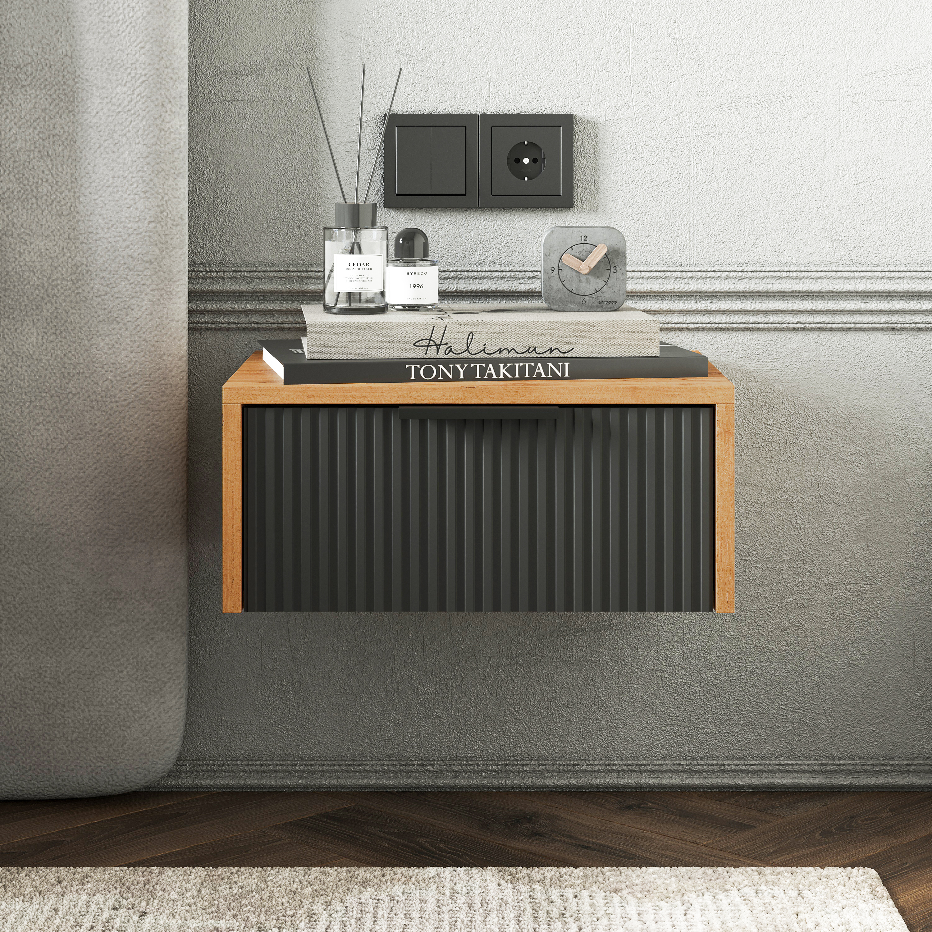 Прикроватная тумба DIWO Краснодар подвесная 45x35x20 антрацит, дуб вотан, ручка черная