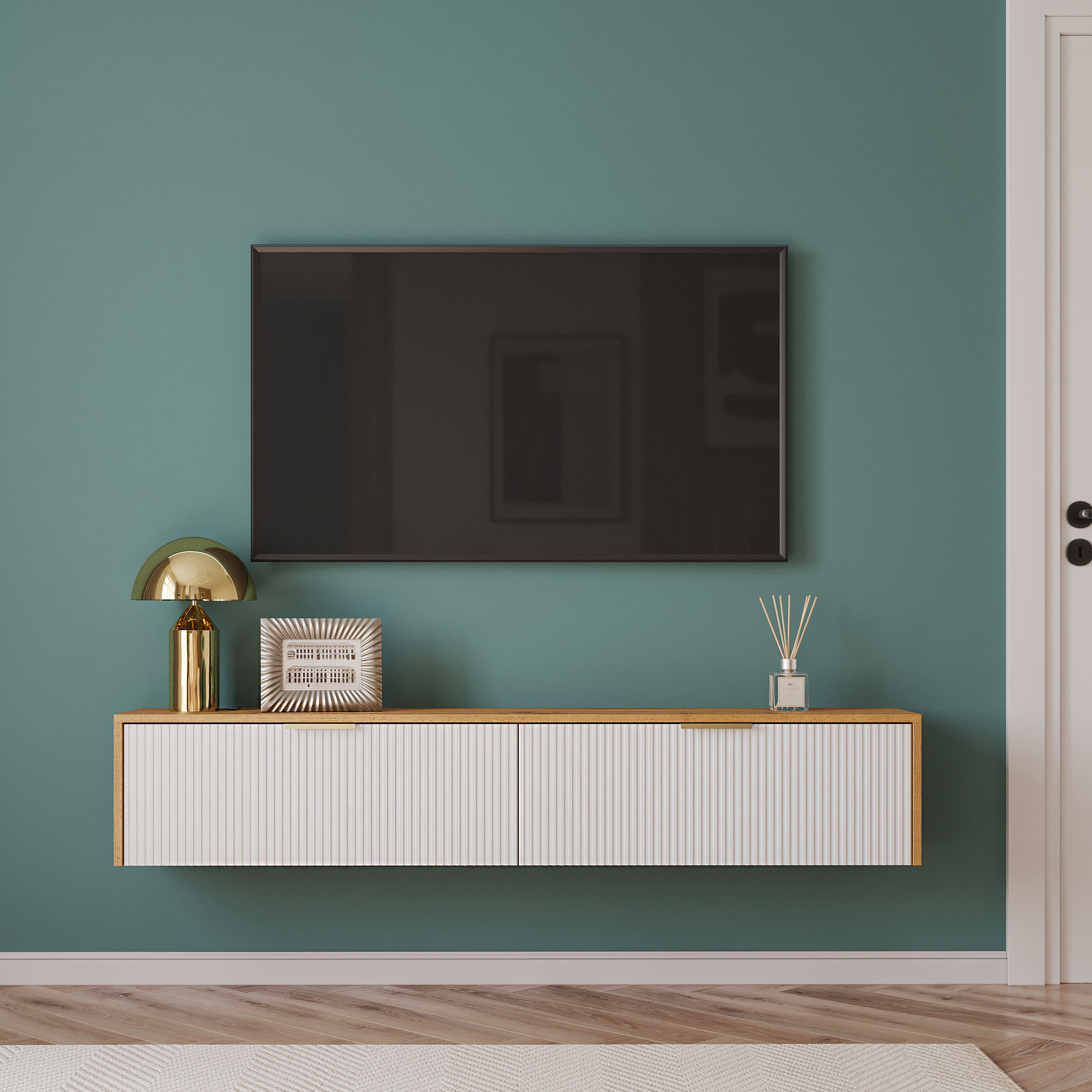 Тумба под телевизор DIWO Краснодар подвесная 160x27x30 белый, дуб вотан, ручка золото