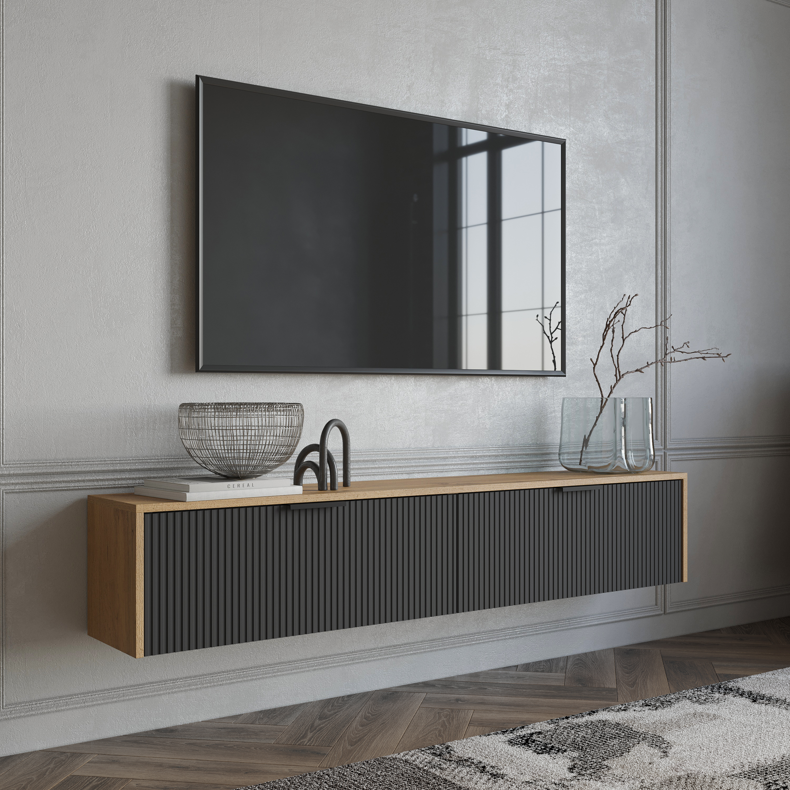 Тумба под телевизор DIWO Краснодар подвесная 160x27x30 антрацит, дуб вотан, ручка черная