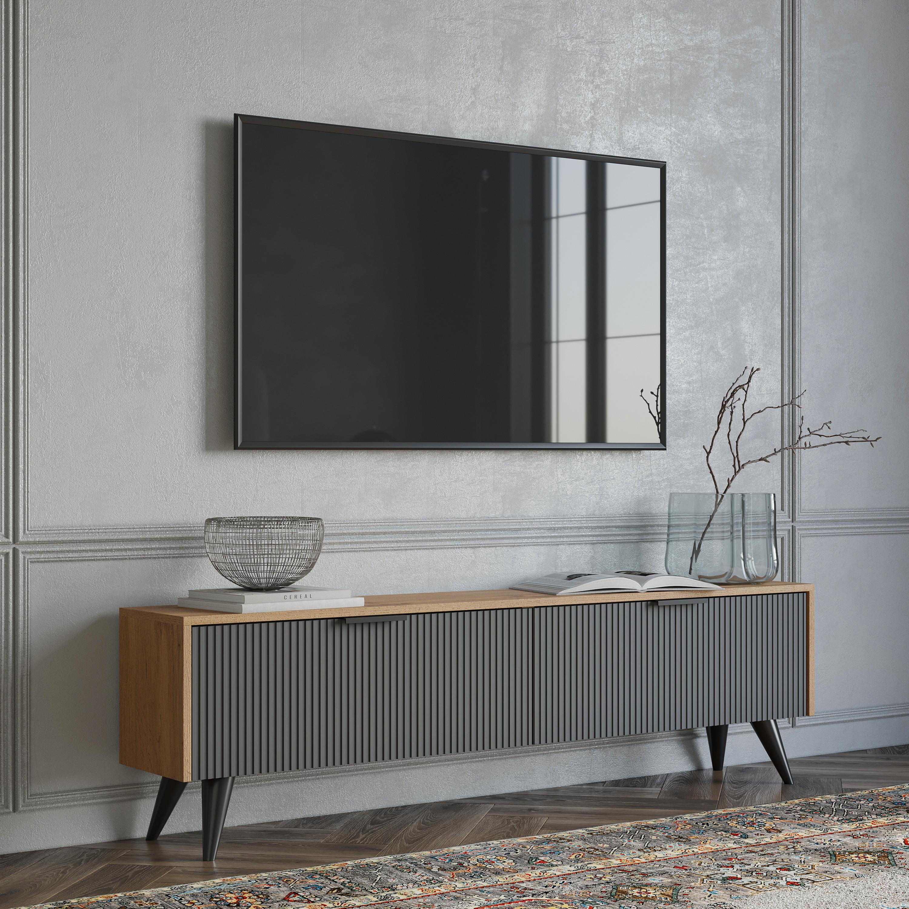 Тумба под телевизор DIWO Краснодар напольная 160x45x27 антрацит, дуб вотан, ручка черная