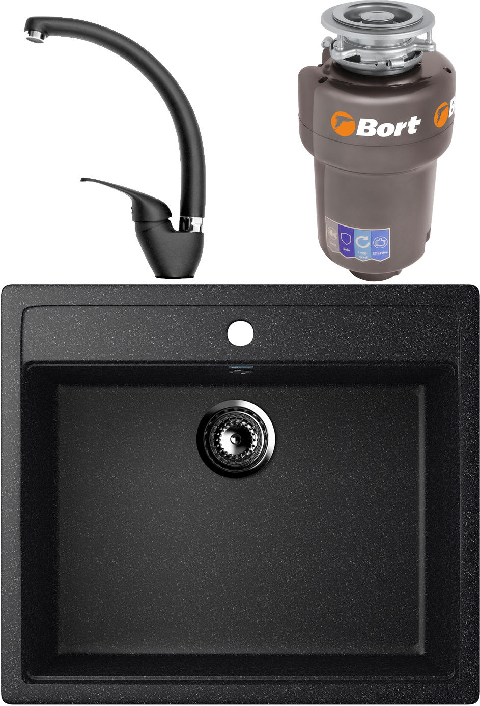 Комплект Мойка Ulgran U-104 -308, черная + Смеситель Domaci Солерно DC-3013, морион + Измельчитель Bort Titan Max Power, FullControl