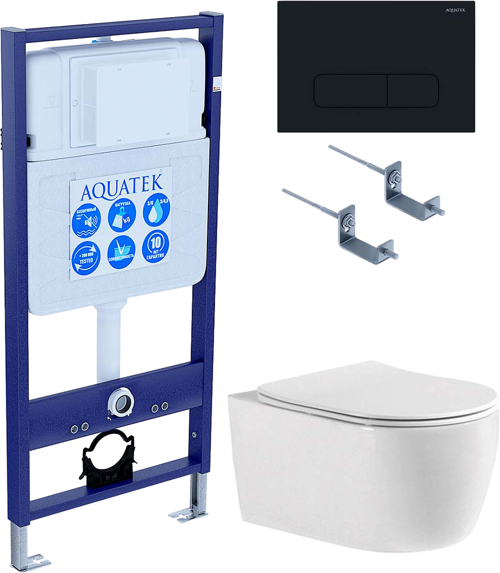 Комплект Унитаз подвесной AQUATEK Европа New AQ1106-00 безободковый, с микролифтом + Инсталляция Standard INS-0000012 + Комплект креплений KKI-0000002 + Кнопка KDI-0000017 матовая черная