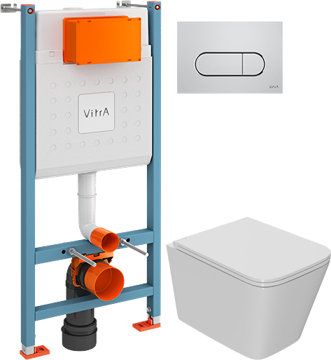 Комплект 2 в 1 Унитаз подвесной Bauedge Bau Stil Hurricane-2 безободковый, с микролифтом, белый + Инсталляция с кнопкой VitrA V-Fix Core 732-5800-01 цвет хром глянец