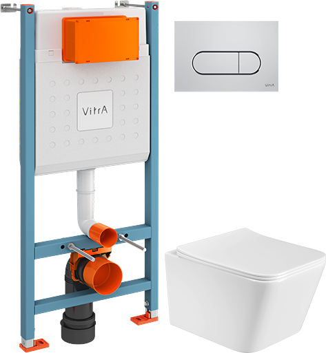 Комплект 2 в 1 Унитаз подвесной BOND Cube F04-10 + Инсталляция с кнопкой VitrA V-Fix Core 732-5800-01 цвет хром глянец