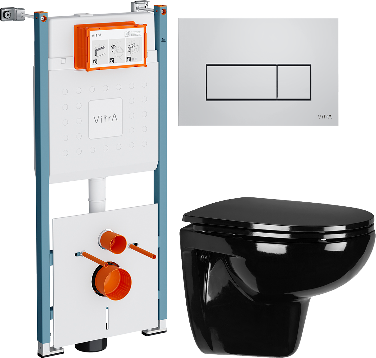 Комплект 3 в 1 Унитаз подвесной Wanfald Lauta 47374100005 + Инсталляция VitrA V-Fix Core 732-5800-01PV + Кнопка Root Square 740-2380 цвет хром