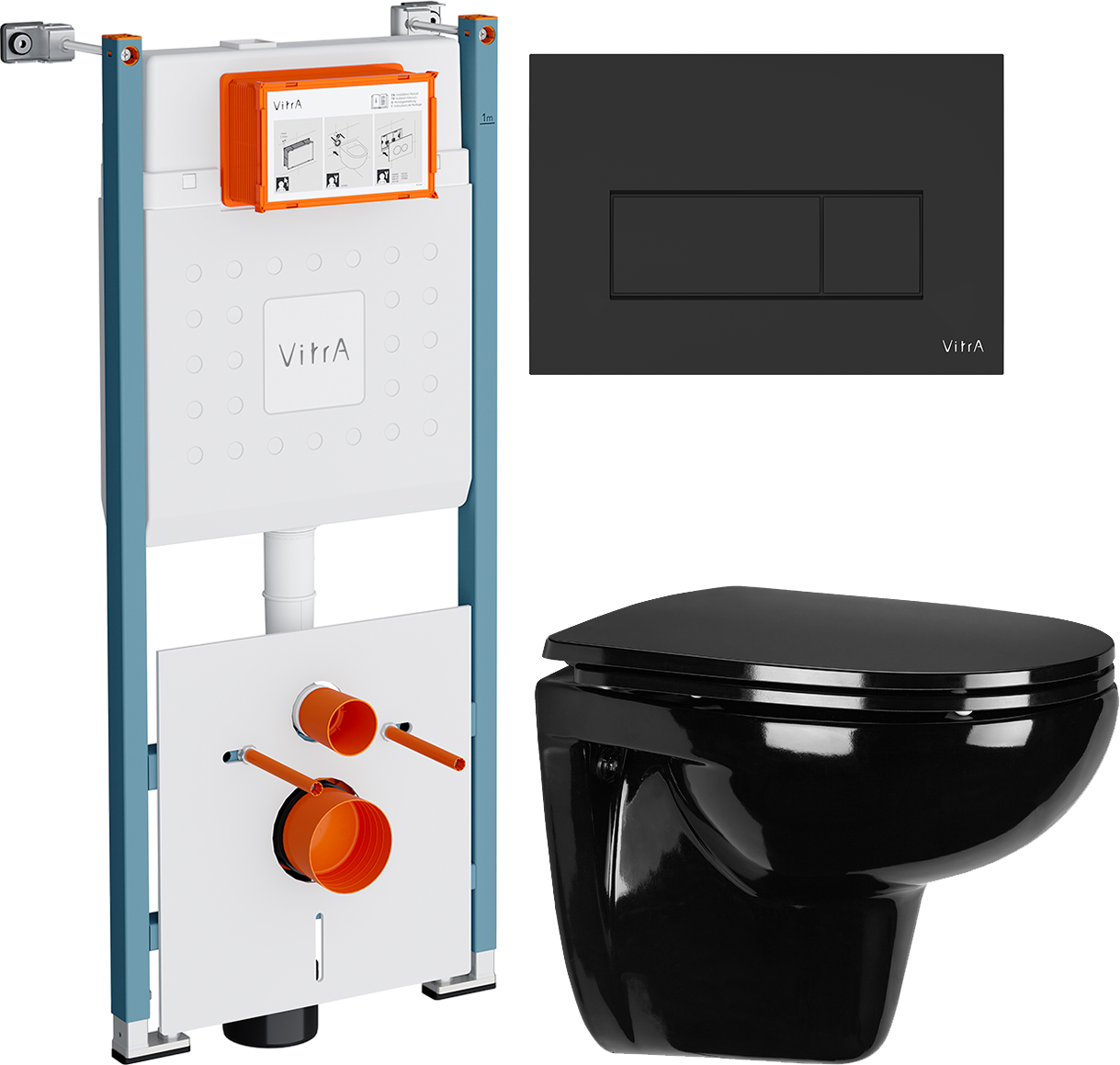 Комплект 3 в 1 Унитаз подвесной Wanfald Lauta 47374100005 + Инсталляция VitrA V-Fix Core 732-5800-01PV + Кнопка Root Square 740-2311 цвет матовый черный