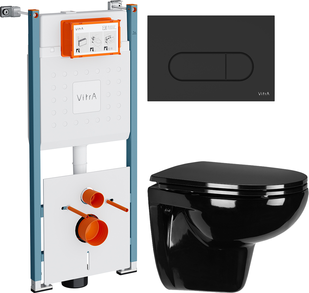 Комплект 3 в 1 Унитаз подвесной Wanfald Lauta 47374100005 + Инсталляция VitrA V-Fix Core 732-5800-01PV + Кнопка Root Round 740-2211 цвет матовый черный
