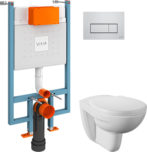 Комплект 3 в 1 Унитаз подвесной Norm Fit 6855B099-1777 + Сиденье 803-003-709 с микролифтом + Инсталляция с кнопкой VitrA V-Fix Core 738-5800-01 цвет хром глянец