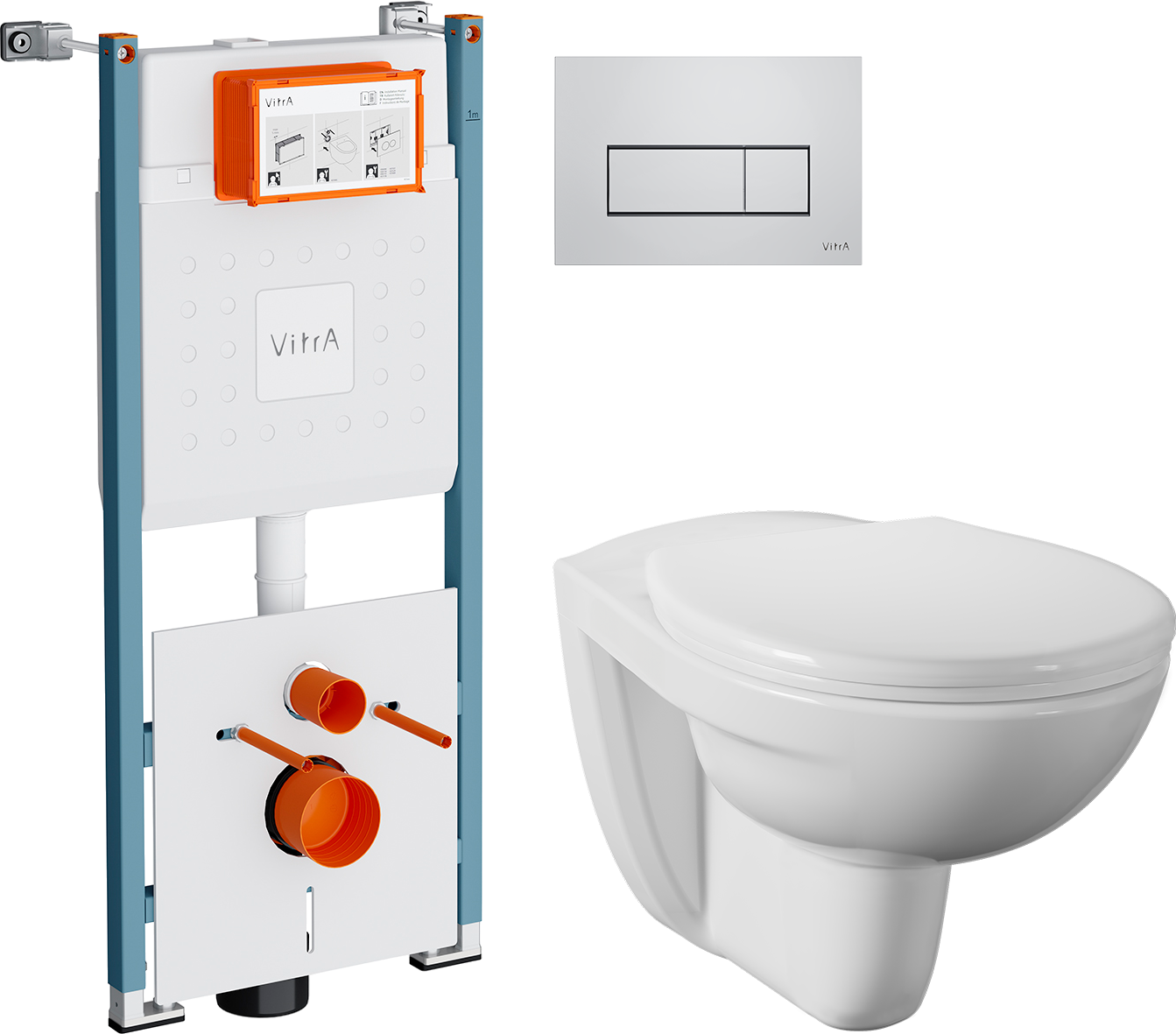 Комплект 4 в 1 Унитаз подвесной Norm Fit 6855B099-1777 + Сиденье 803-003-709 с микролифтом + Инсталляция VitrA V-Fix Core 732-5800-01PV + Кнопка Root Square 740-2380 цвет хром