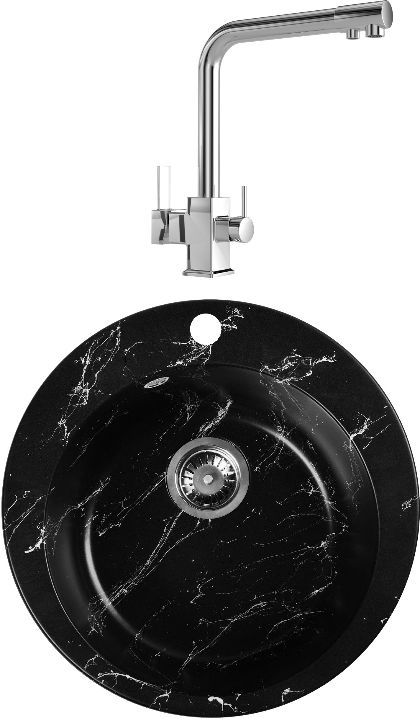 Комплект Мойка Wisent WA04-11, мрамор черно-белый + Смеситель MEGA Life MG-TK06, хром