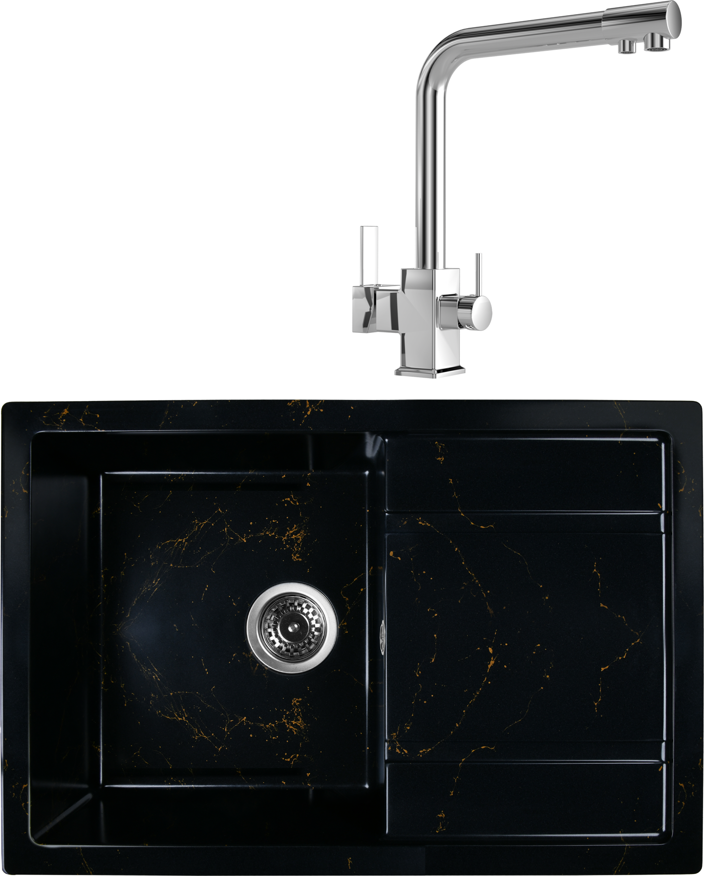Комплект Мойка Wisent WB27-14, мрамор черно-золотой + Смеситель MEGA Life MG-TK06, хром