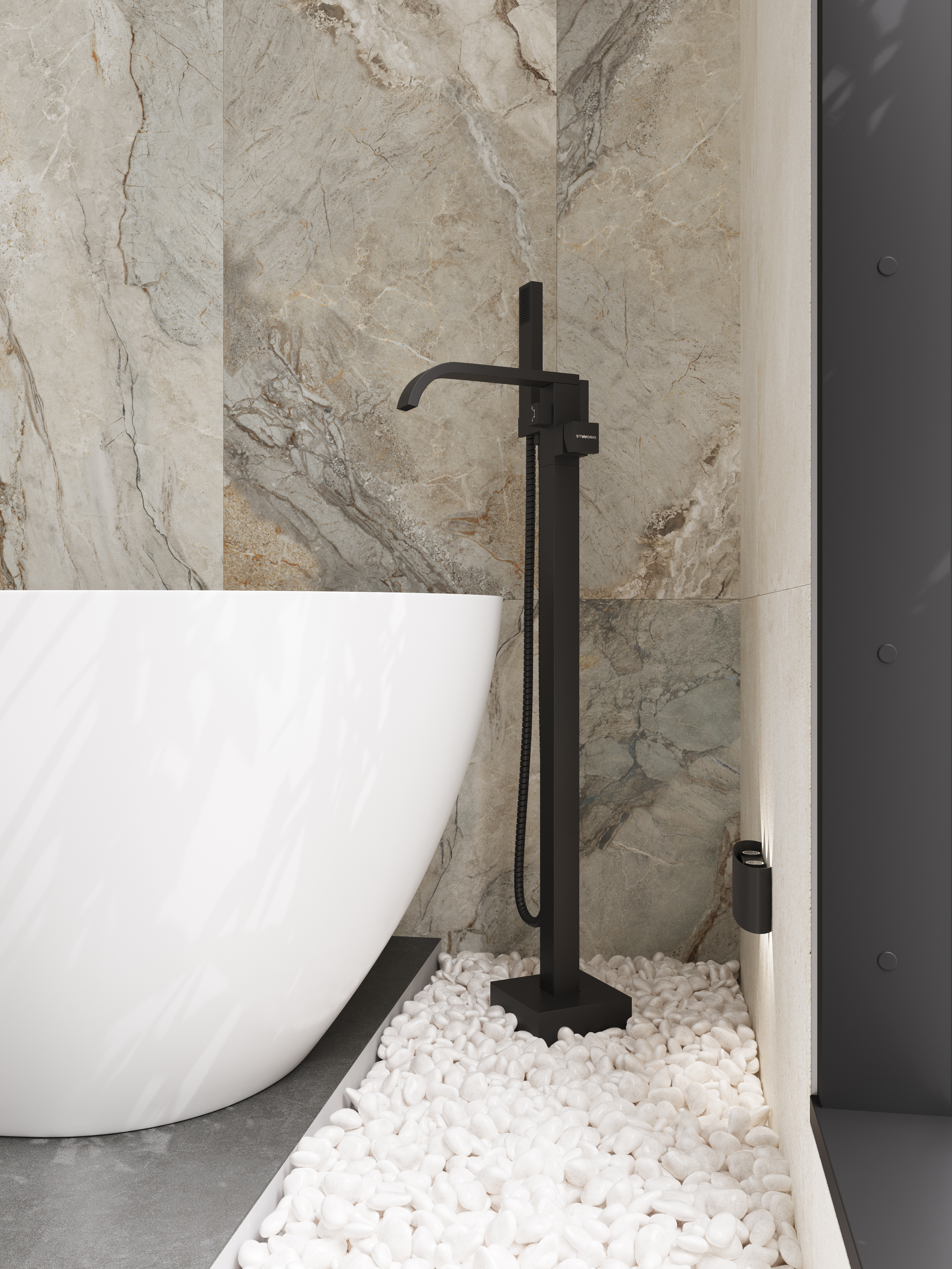 Напольный смеситель для ванны с душем STWORKI Эстерсунд S31080BK С ВНУТРЕННЕЙ ЧАСТЬЮ, матовый черный