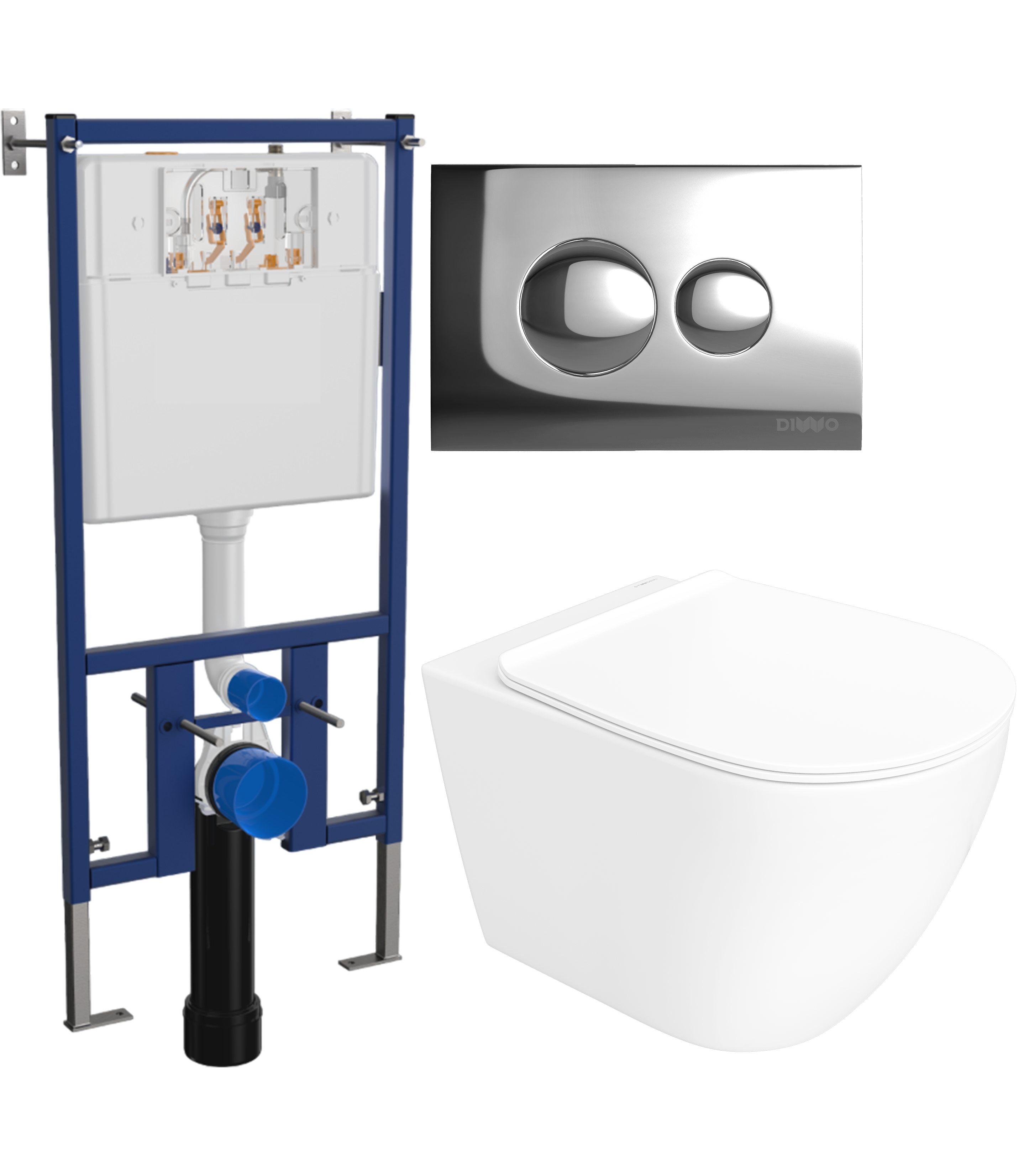 Комплект 3 в 1 Унитаз подвесной STWORKI Готланд S13401WH безободковый, с микролифтом, глянцевый белый, антивсплеск + Инсталляция DIWO 4501 + Кнопка 7312 цвет хром