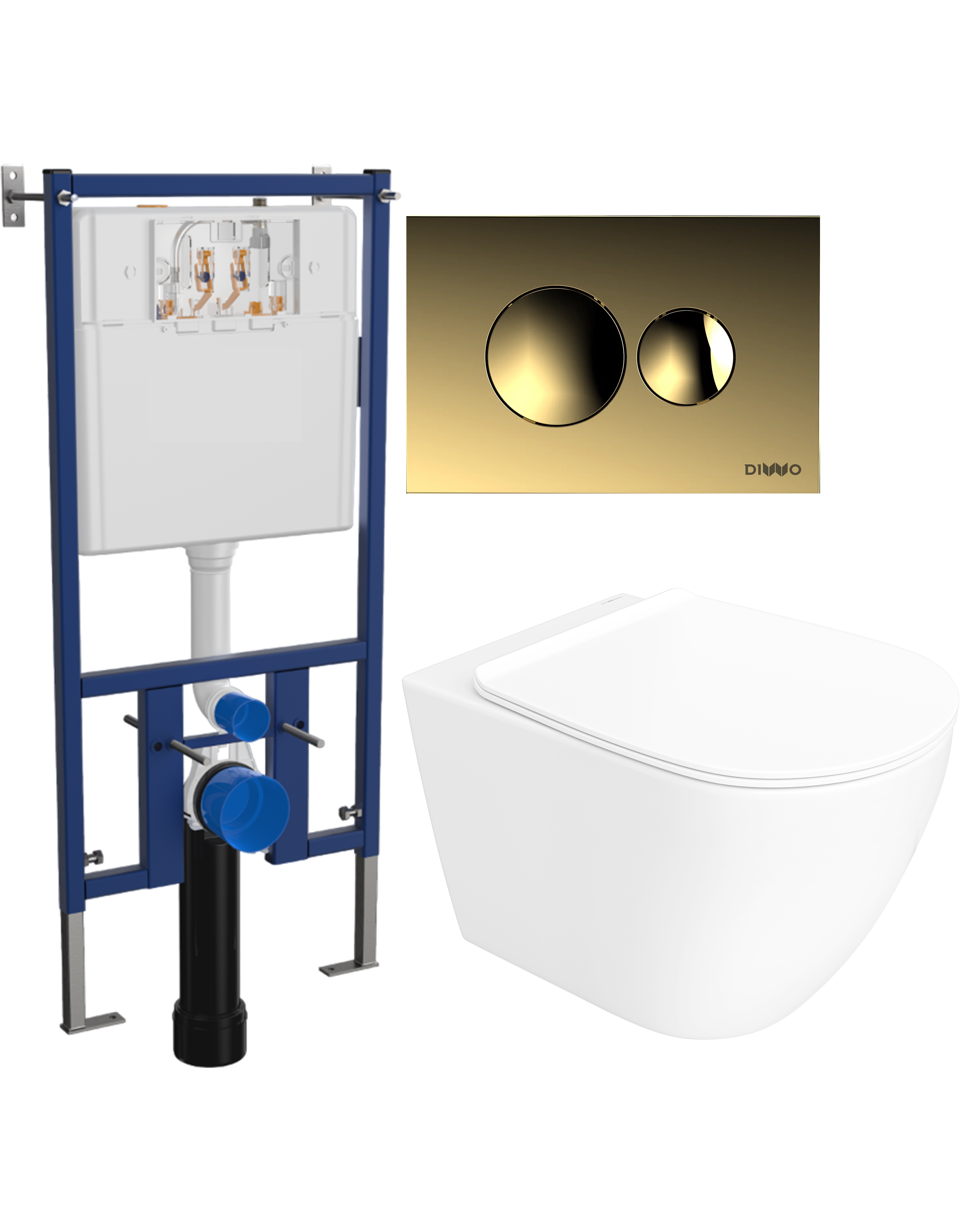 Комплект 3 в 1 Унитаз подвесной STWORKI Готланд S13401WH безободковый, с микролифтом, глянцевый белый, антивсплеск + Инсталляция DIWO 4501 + Кнопка 7315 цвет матовое золото