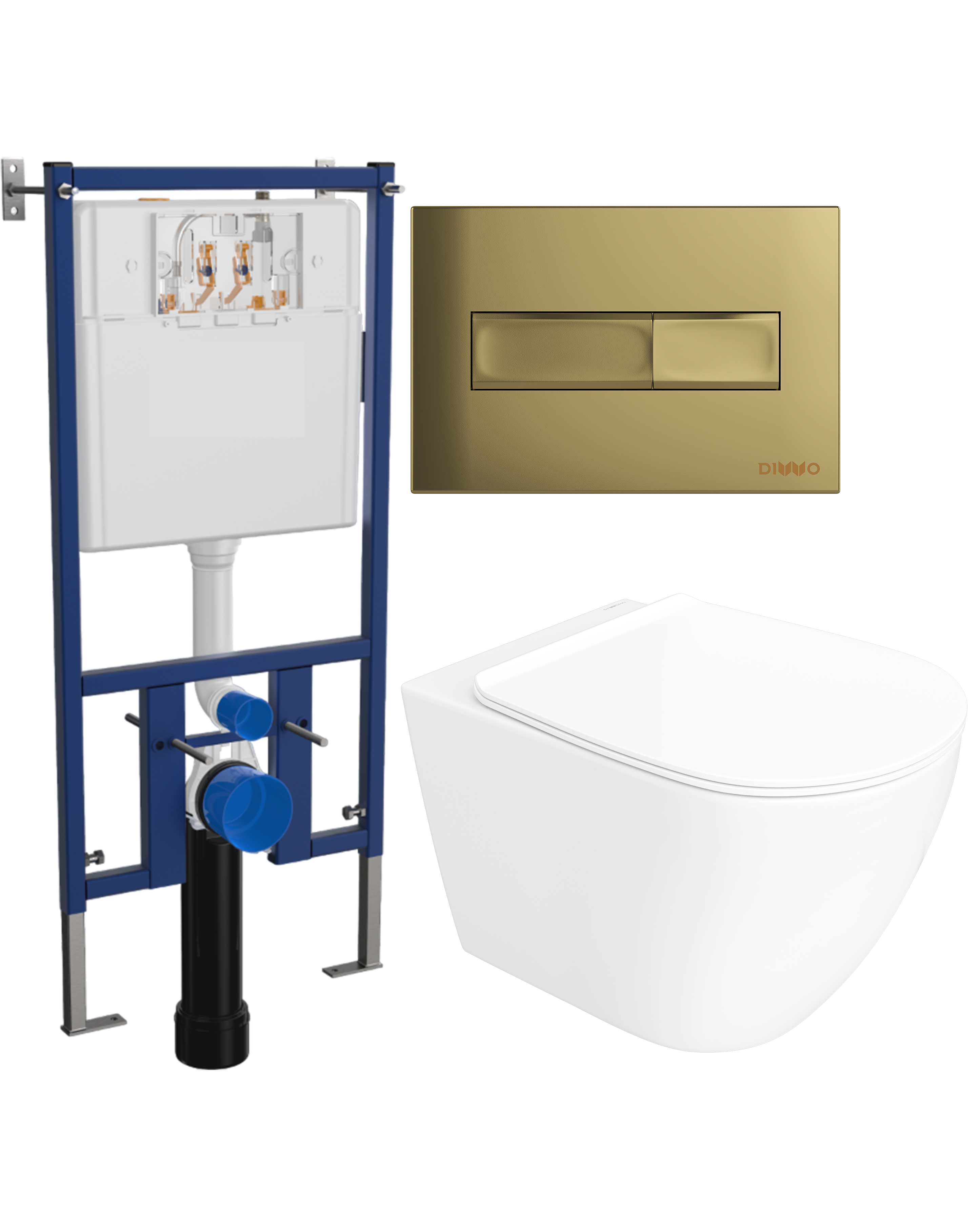 Комплект 3 в 1 Унитаз подвесной STWORKI Готланд S13401WH безободковый, с микролифтом, глянцевый белый, антивсплеск + Инсталляция DIWO 4501 + Кнопка 7325 цвет матовое золото
