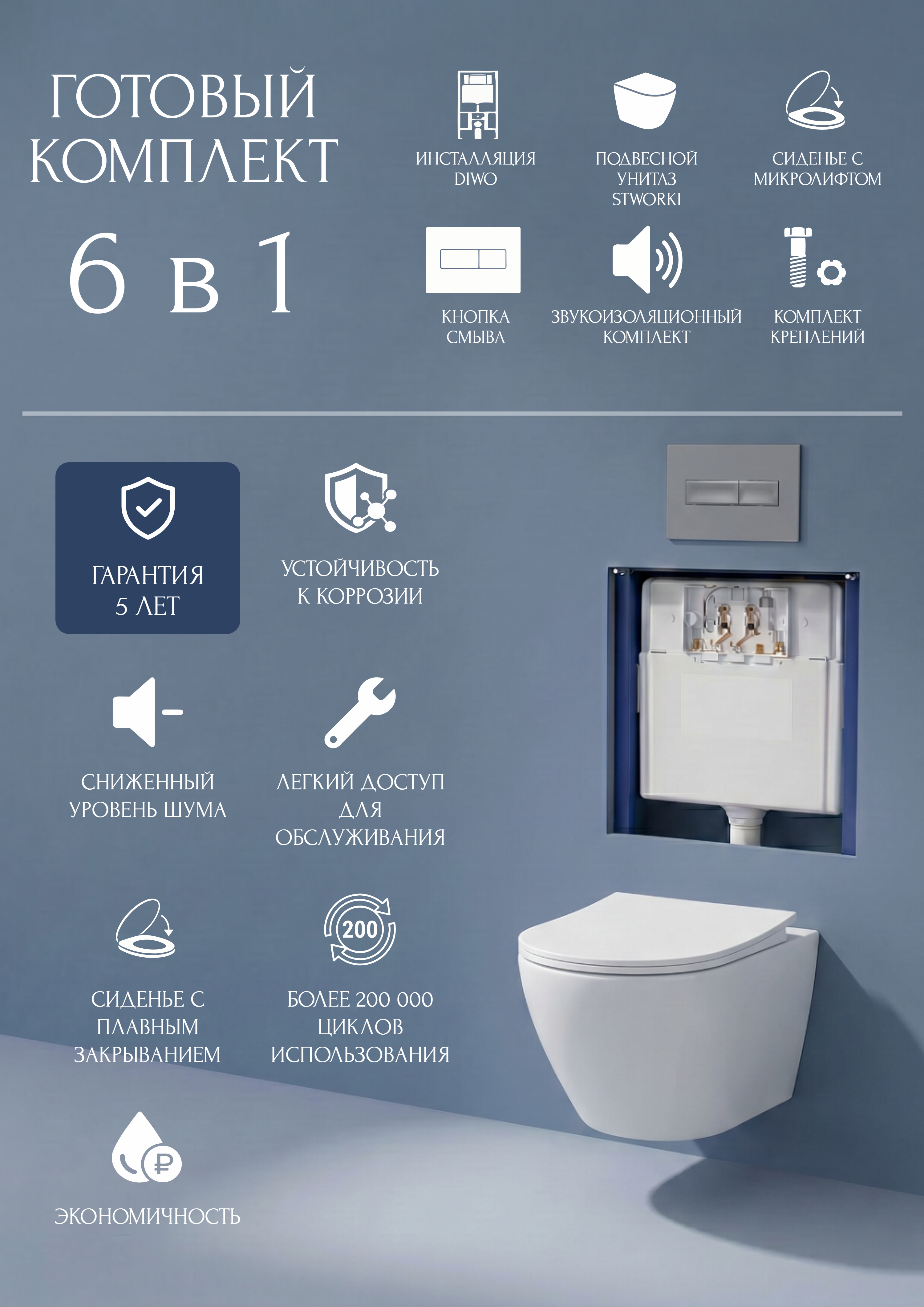 Комплект 6 в 1: Инсталляция DIWO 4501 + Унитаз подвесной Кронборг S28401WH безободковый + Сиденье с микролифтом + Кнопка 7321 хром матовый + Комплект шумоизоляции, креплений