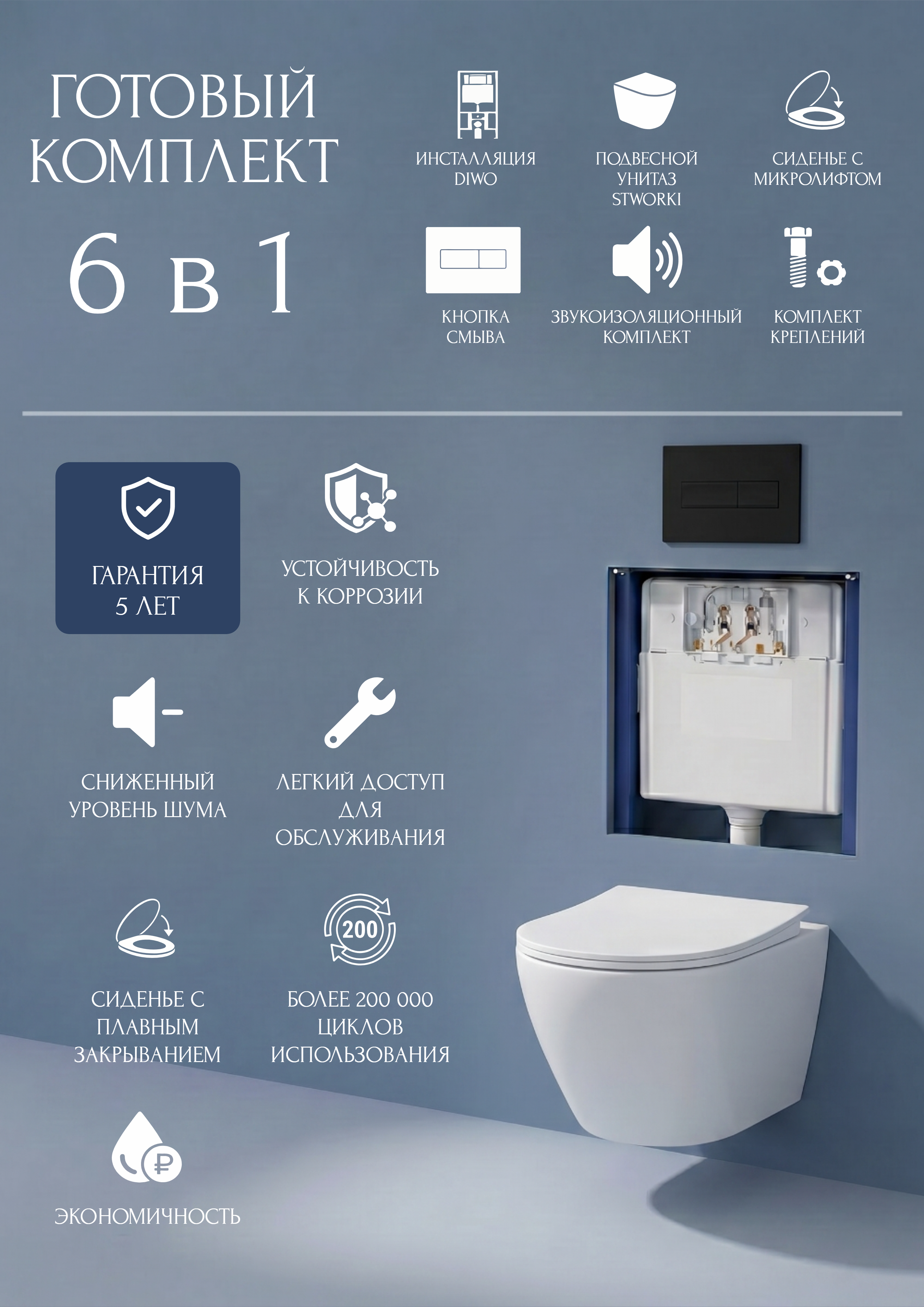 Комплект 6 в 1: Инсталляция DIWO 4501 + Унитаз подвесной Кронборг S28401WH безободковый + Сиденье с микролифтом + Кнопка 7323 черная матовая + Комплект шумоизоляции, креплений