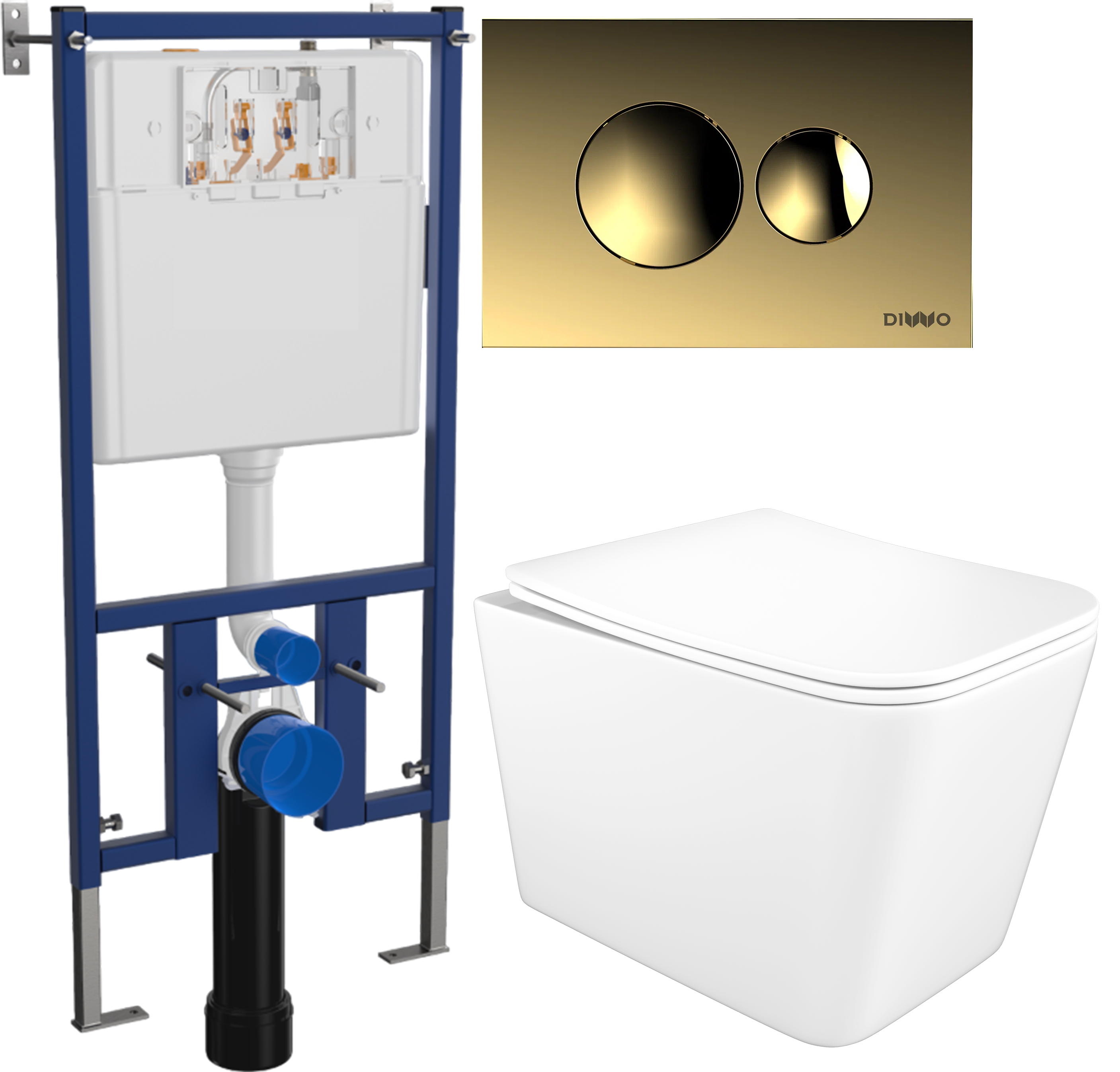 Комплект 3 в 1 Унитаз подвесной STWORKI Молде S23401WH безободковый, с микролифтом, антивсплеск + Инсталляция DIWO 4501 + Кнопка 7315 цвет матовое золото