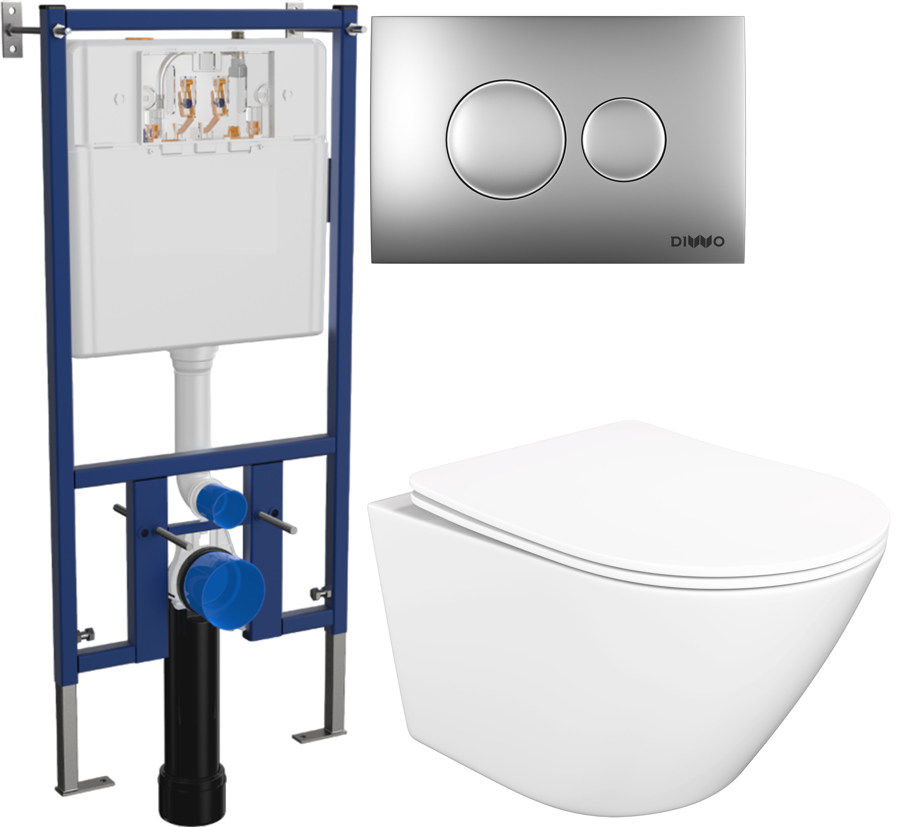 Комплект 3 в 1 Унитаз подвесной STWORKI Левангер S07401WH безободковый, смыв Торнадо, с микролифтом, антивсплеск + Инсталляция DIWO 4501 + Кнопка 7311 цвет матовый хром