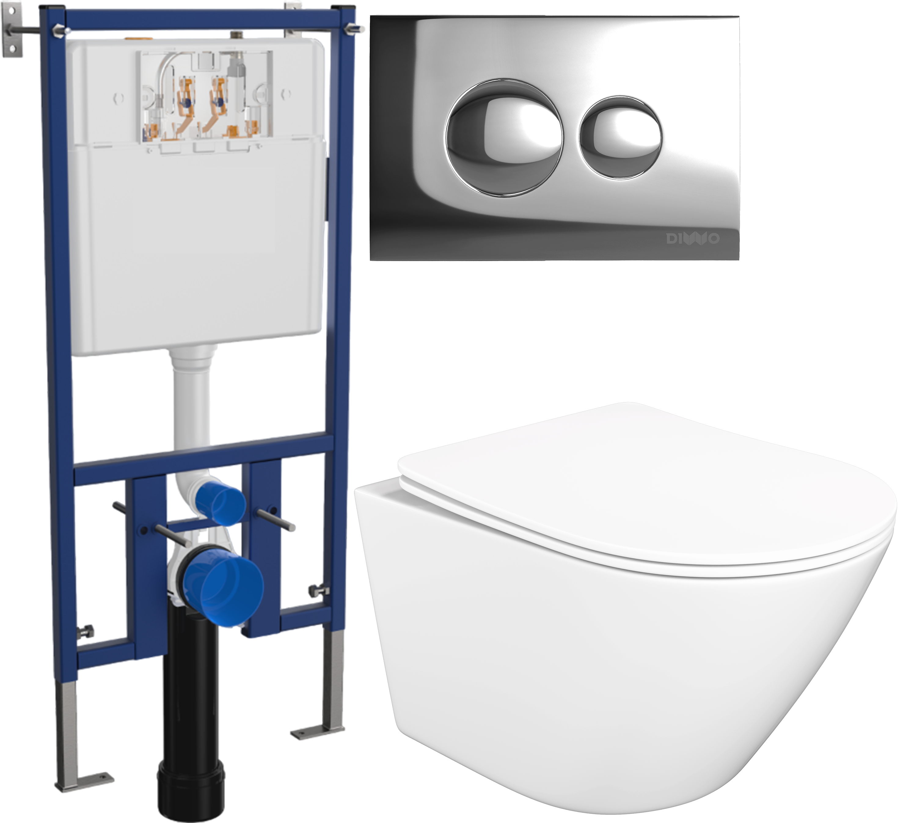 Комплект 3 в 1 Унитаз подвесной STWORKI Левангер S07401WH безободковый, смыв Торнадо, с микролифтом, антивсплеск + Инсталляция DIWO 4501 + Кнопка 7312 цвет хром