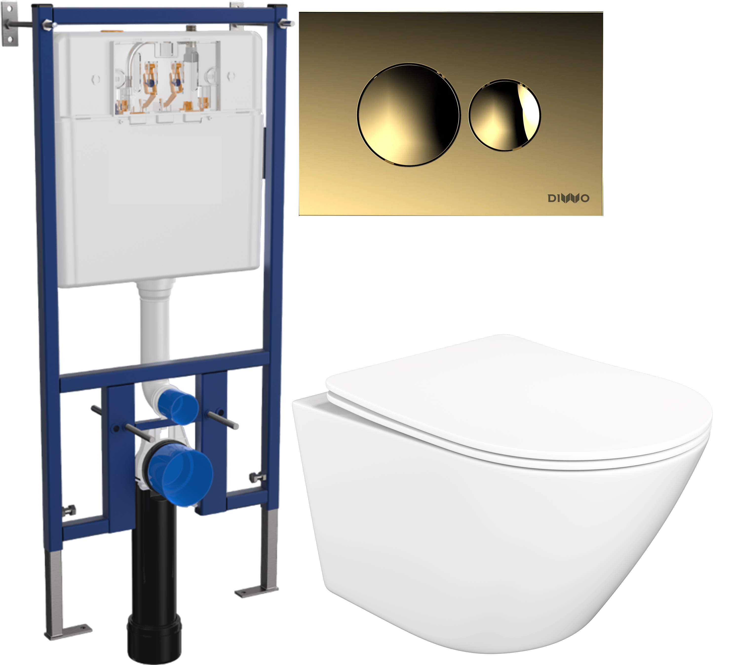 Комплект 3 в 1 Унитаз подвесной STWORKI Левангер S07401WH безободковый, смыв Торнадо, с микролифтом, антивсплеск + Инсталляция DIWO 4501 + Кнопка 7315 цвет матовое золото