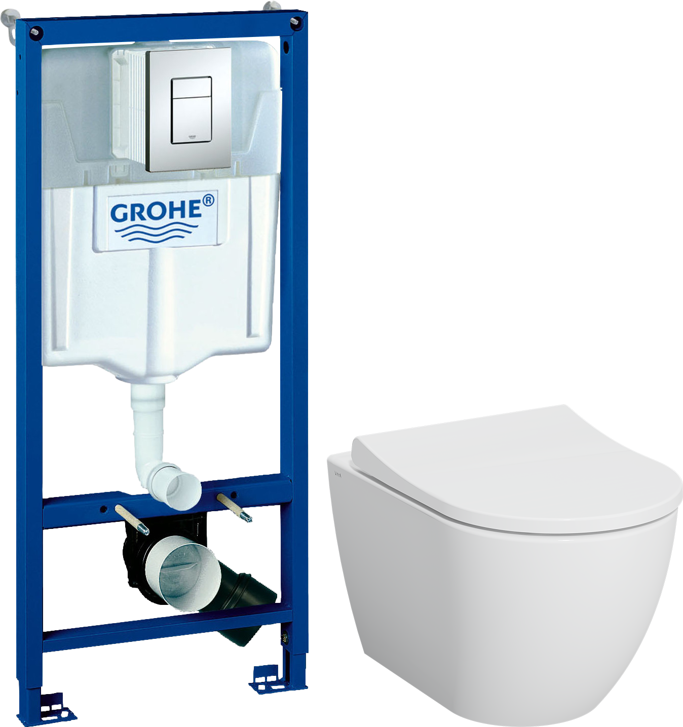 Комплект 3 в 1 Унитаз подвесной VitrA Mia Round SmoothFlush 7510B003-0075 безободковый + Сиденье 801-003-019 с микролифтом + Инсталляция с кнопкой Grohe Rapid SL 38772001 цвет хром