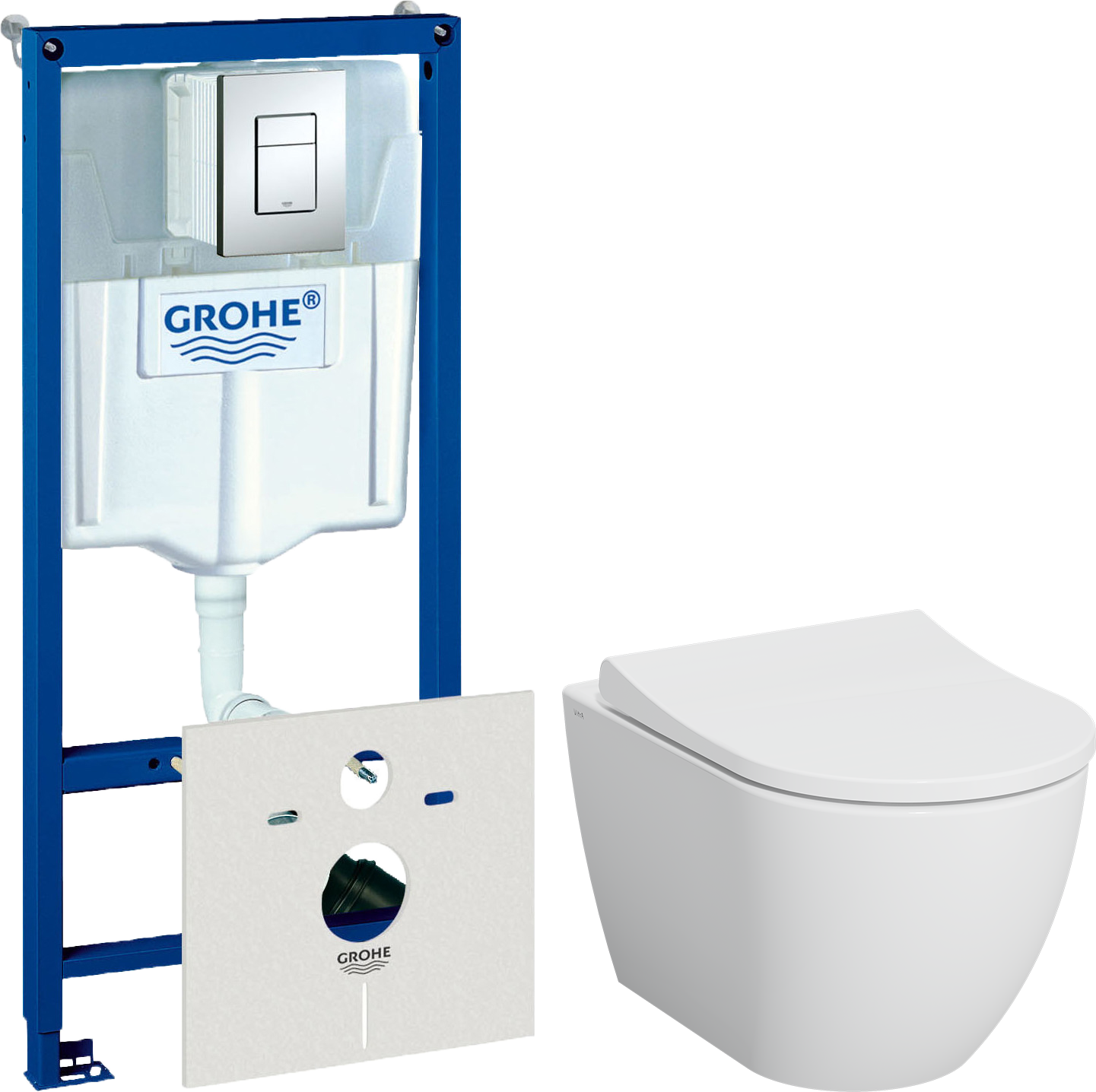 Комплект 3 в 1 Унитаз подвесной VitrA Mia Round SmoothFlush 7510B003-0075 безободковый + Сиденье 801-003-019 с микролифтом + Инсталляция с кнопкой Grohe Rapid SL 38775001 цвет хром