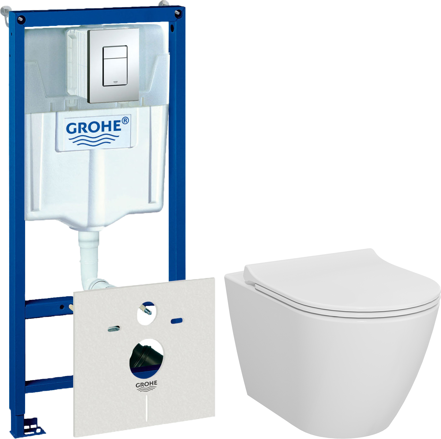 Комплект 3 в 1 Унитаз подвесной VitrA Sanibelle 7551B003-0075 безободковый + Сиденье 801-003-019 с микролифтом + Инсталляция с кнопкой Grohe Rapid SL 38775001 цвет хром