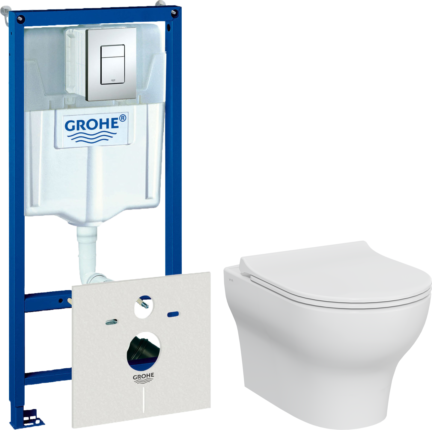 Комплект 3 в 1 Унитаз подвесной VitrA Zentrum Round 7786B003-0075 безободковый + Сиденье 801-003-019 с микролифтом + Инсталляция с кнопкой Grohe Rapid SL 38775001 цвет хром