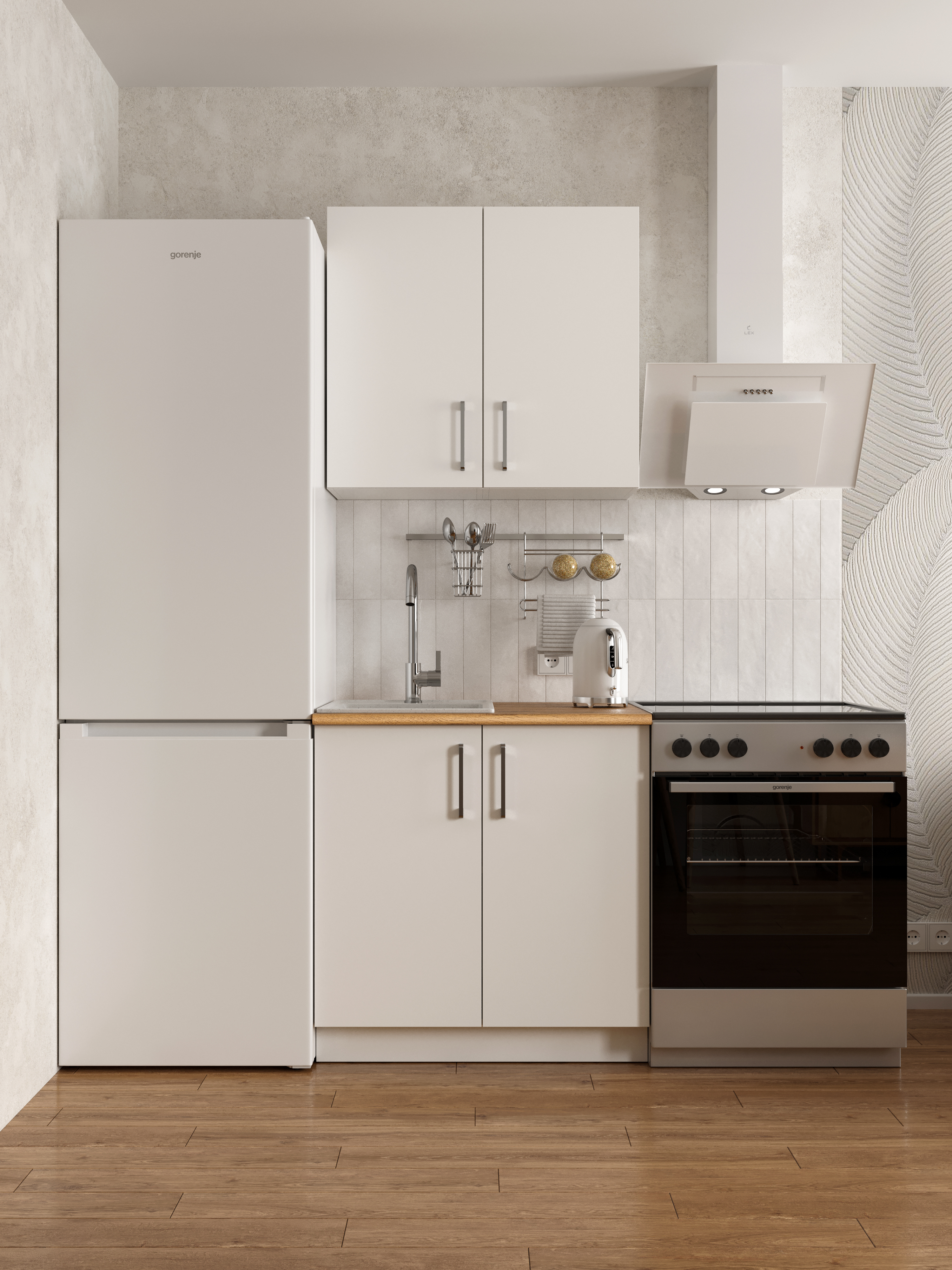 Кухонный гарнитур Domaci Болонья 140 см, фасад белый, ручка хром, столешница дуб вотан KUH-708114