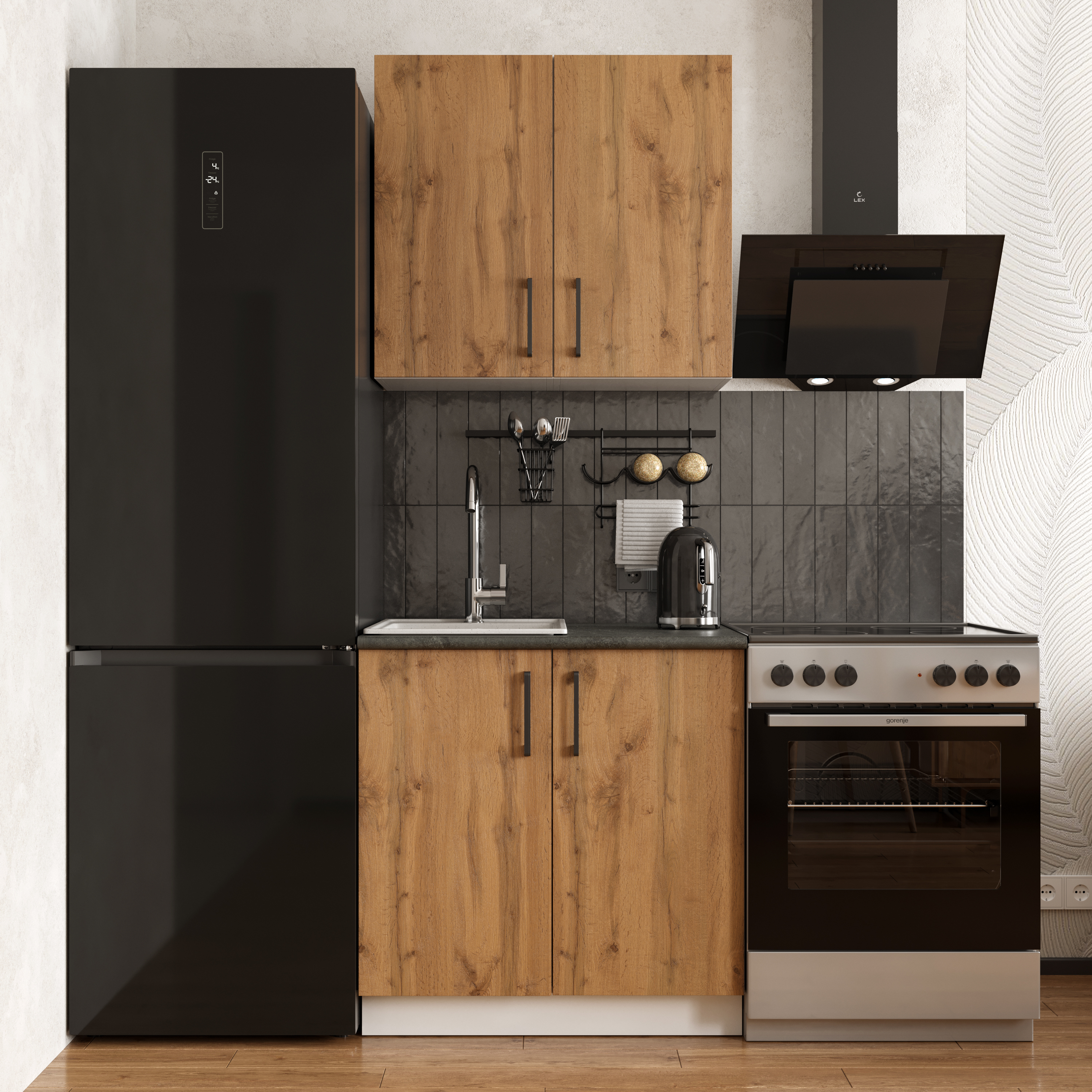 Кухонный гарнитур Domaci Болонья 140 см, фасад дуб вотан, ручка черная, столешница луна KUH-708118