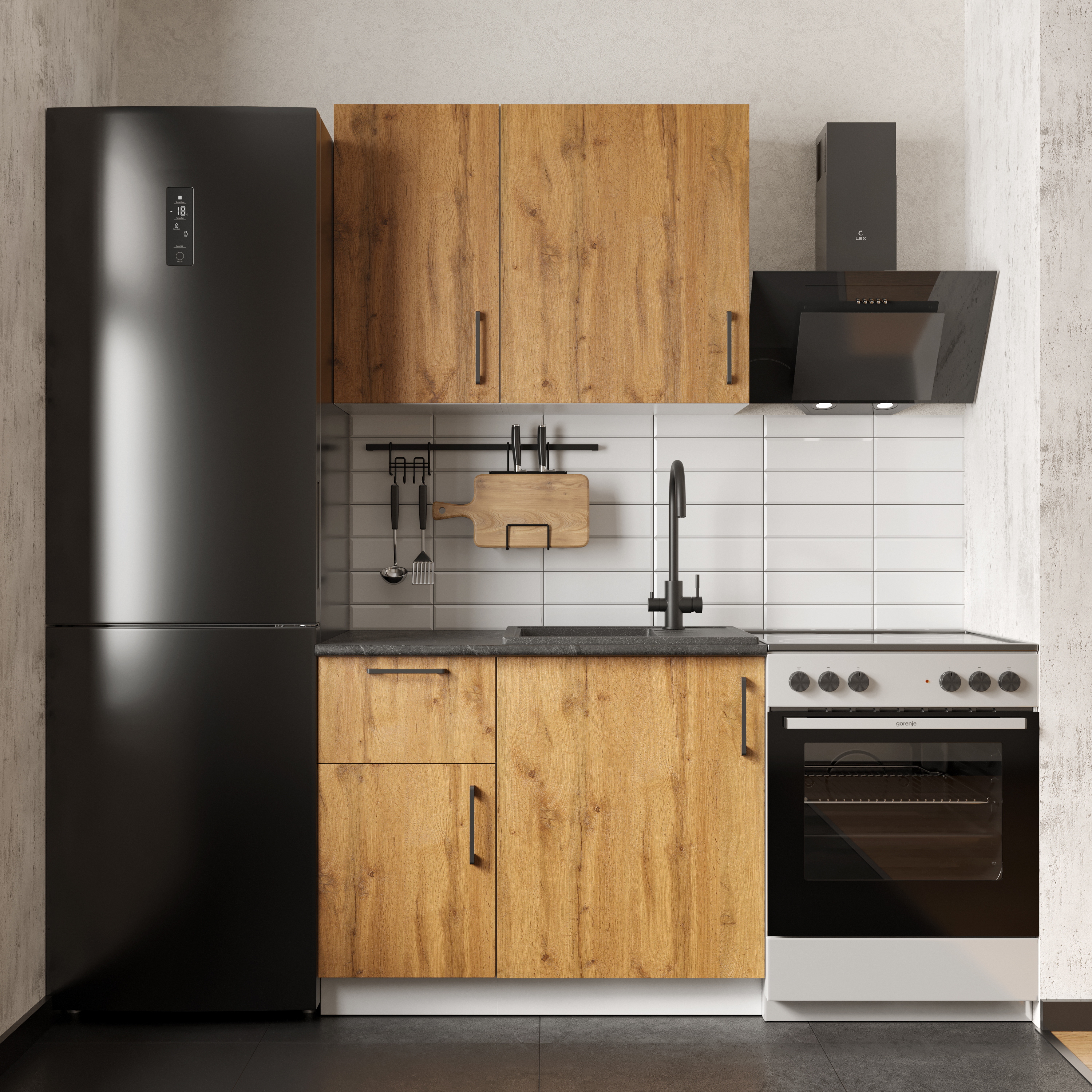 Кухонный гарнитур Domaci Болонья 160 см, фасад дуб вотан, ручка черная, столешница луна KUH-708196