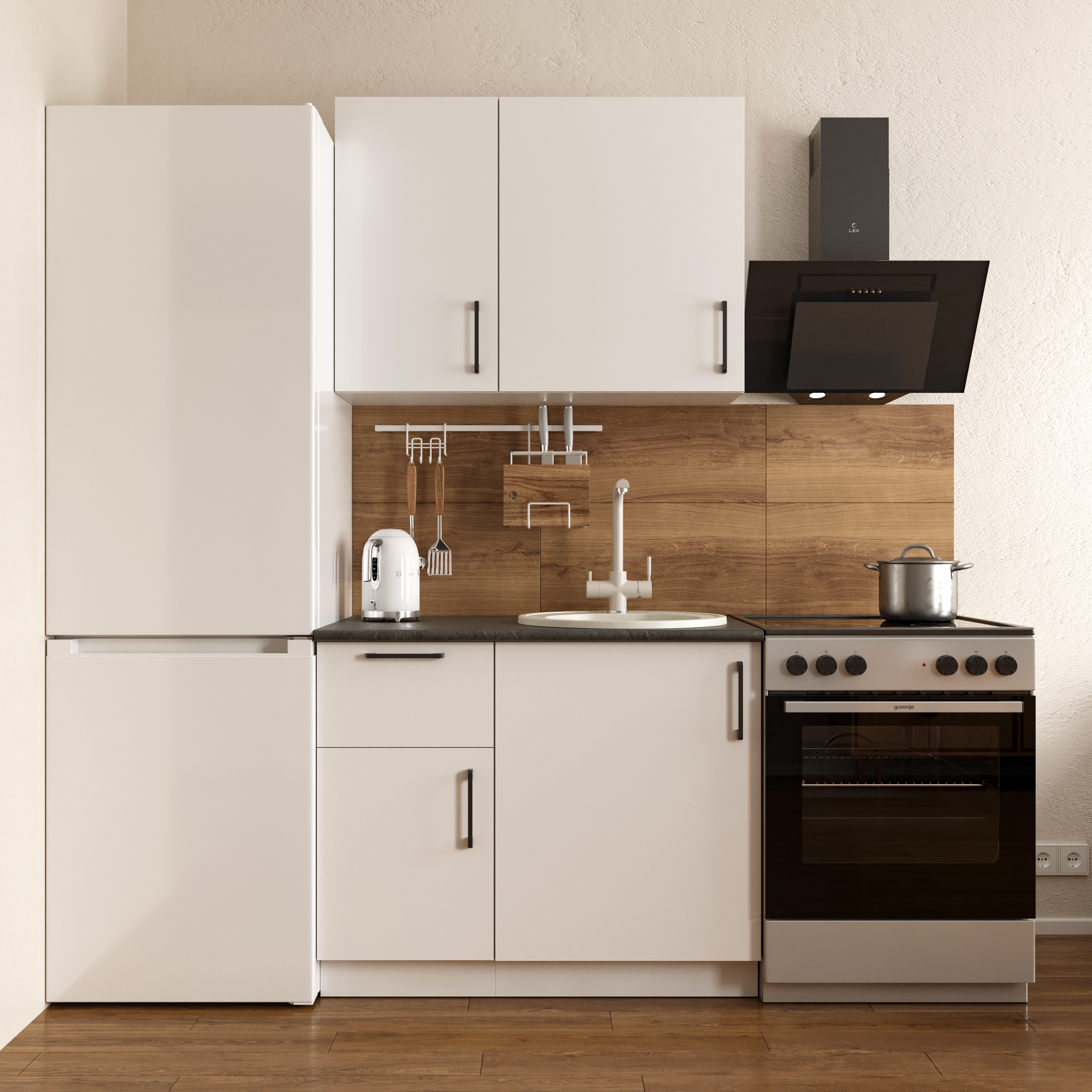 Кухонный гарнитур Domaci Болонья 160 см, фасад белый, ручка черная, столешница луна KUH-708133