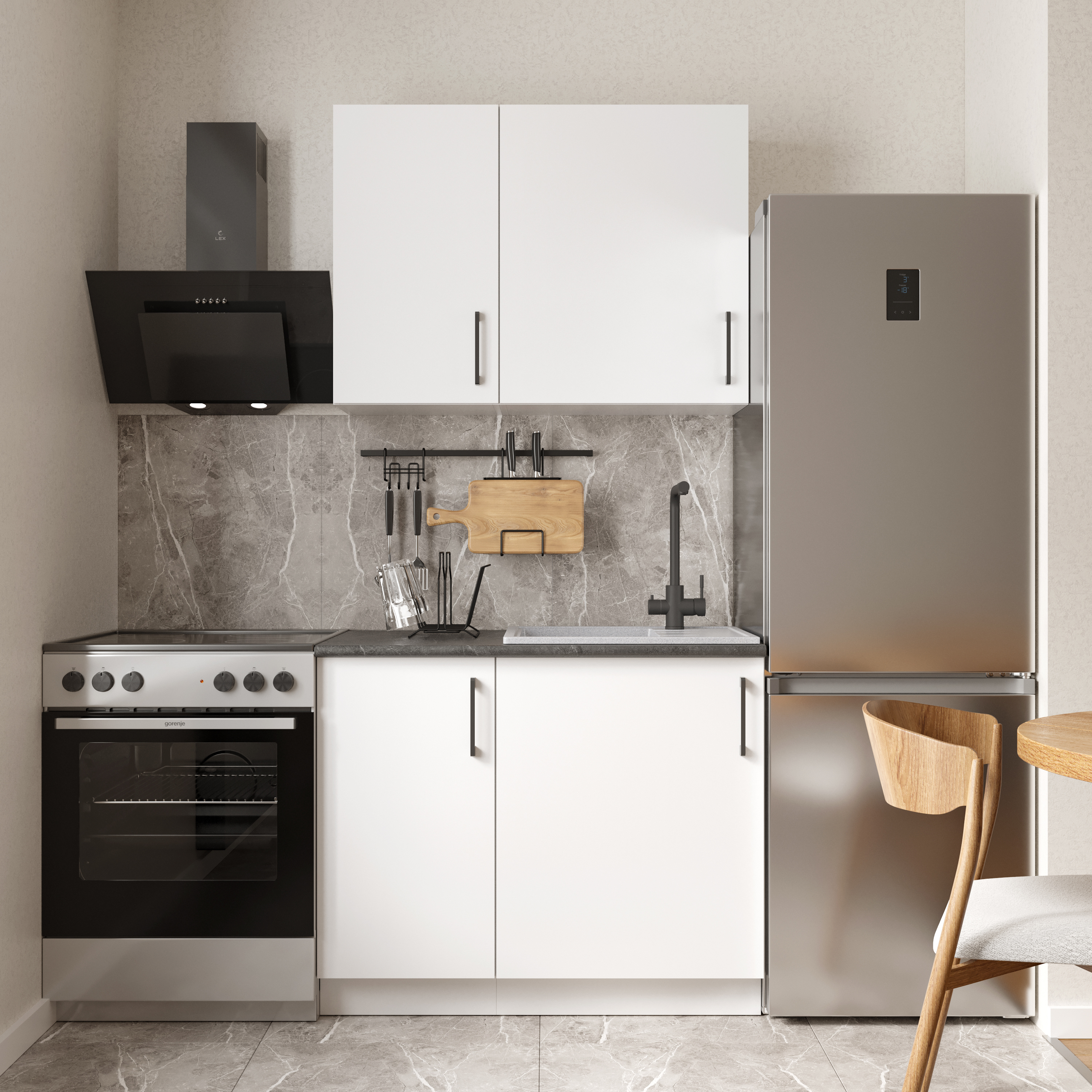 Кухонный гарнитур Domaci Болонья 160 см, фасад белый, ручка черная, столешница луна KUH-708204