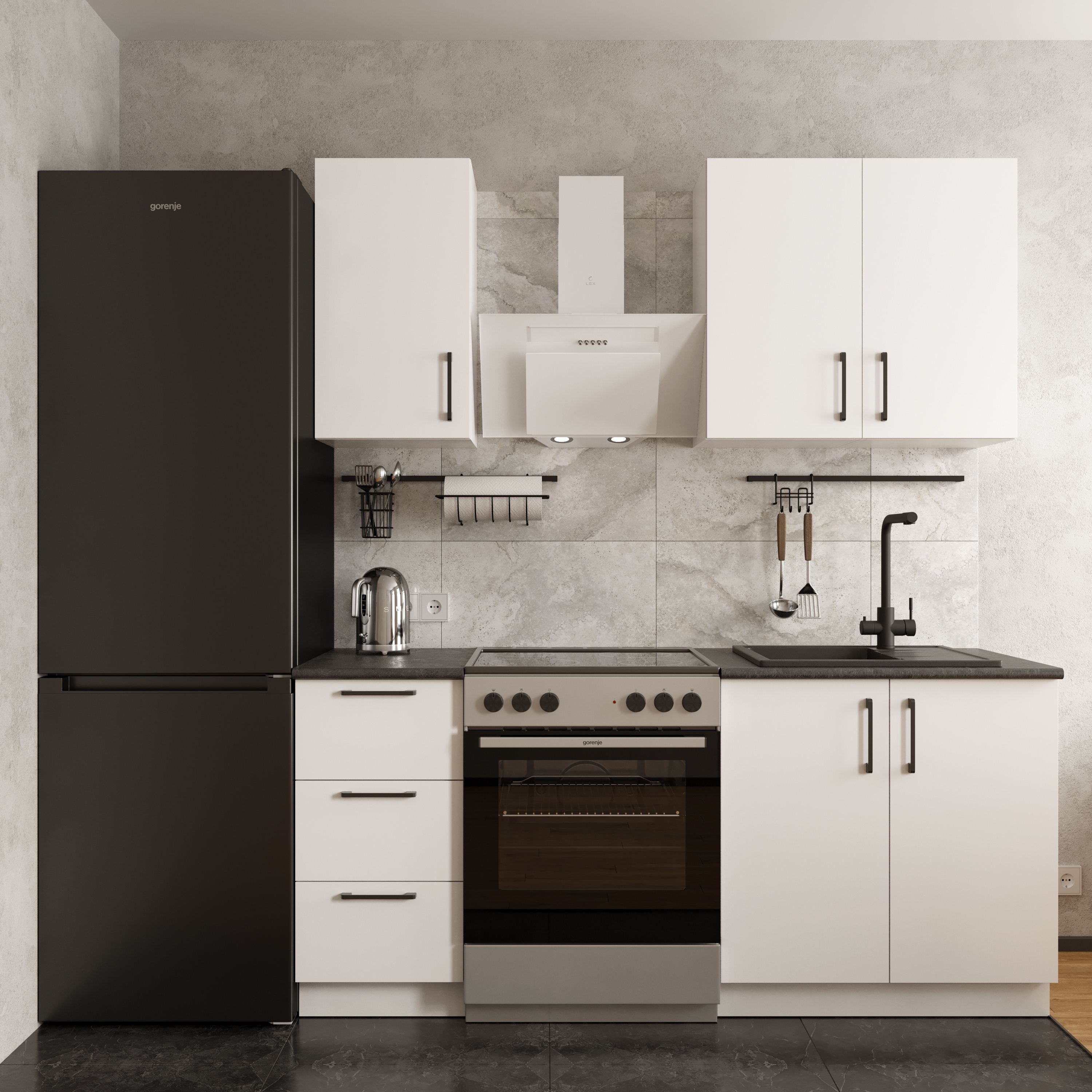 Кухонный гарнитур Domaci Болонья 180 см, фасад белый, ручка черная, столешница луна KUH-708287