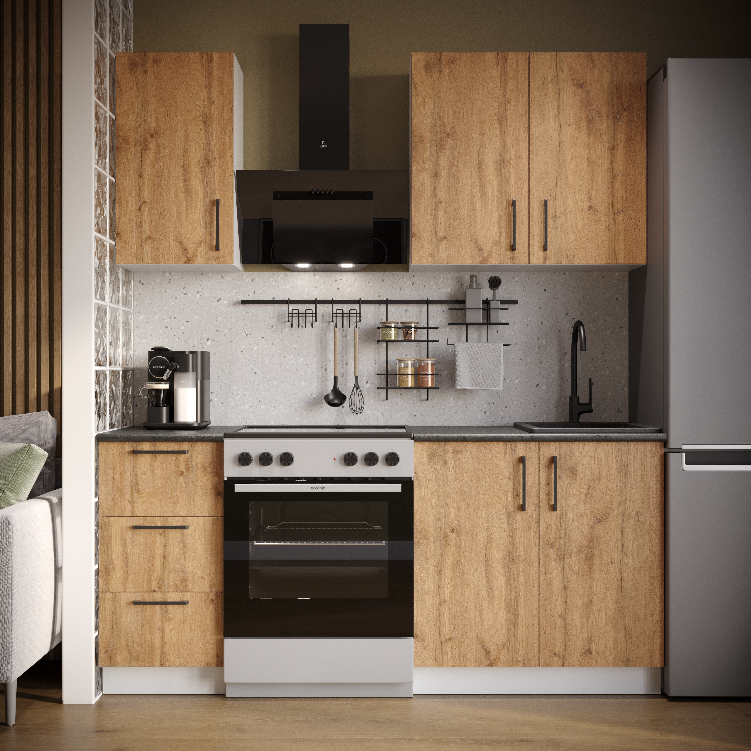 Кухонный гарнитур Domaci Болонья 180 см, фасад дуб вотан, ручка черная, столешница луна KUH-708290