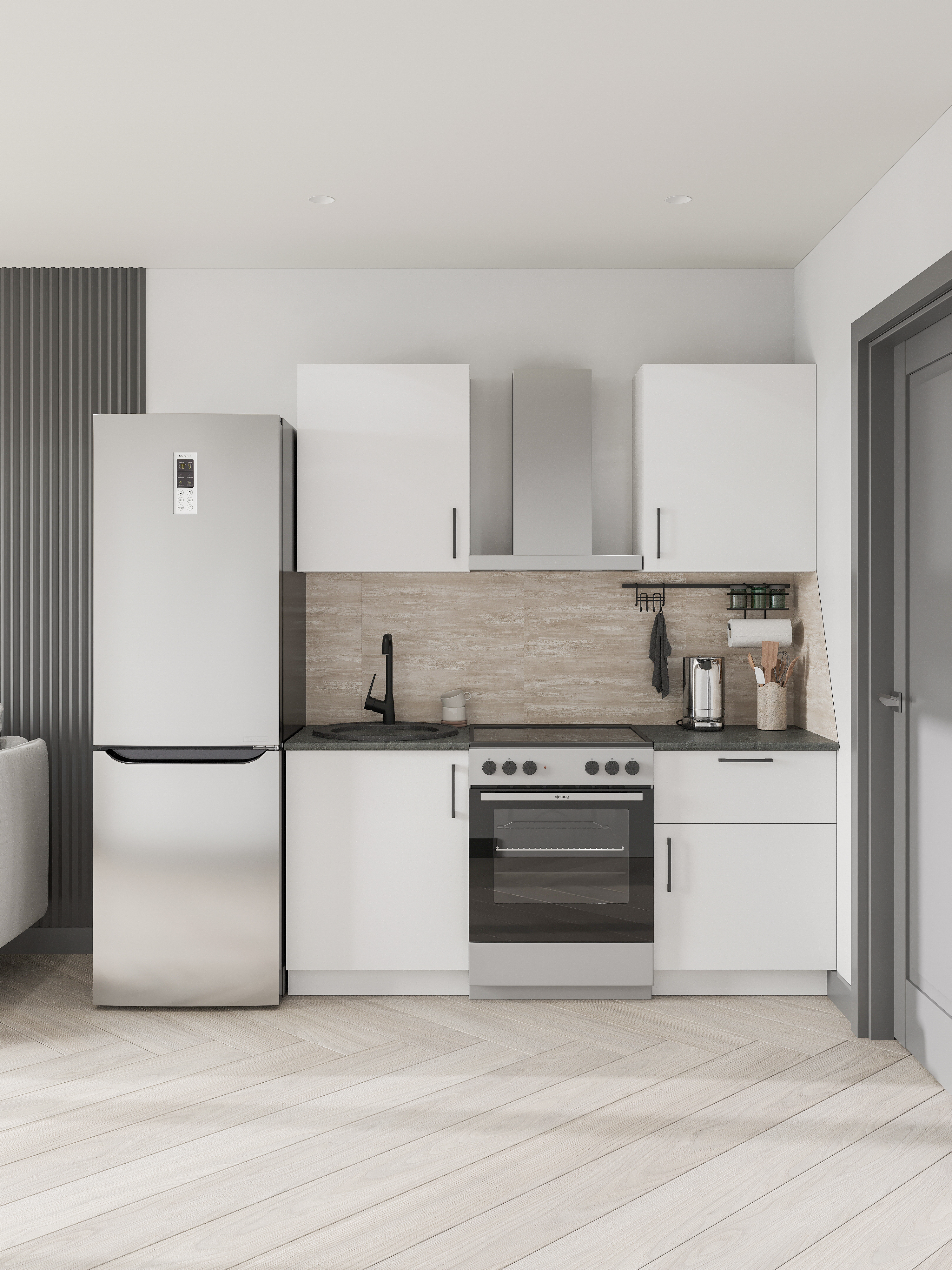 Кухонный гарнитур Domaci Болонья 180 см, фасад белый, ручка черная, столешница луна KUH-708302