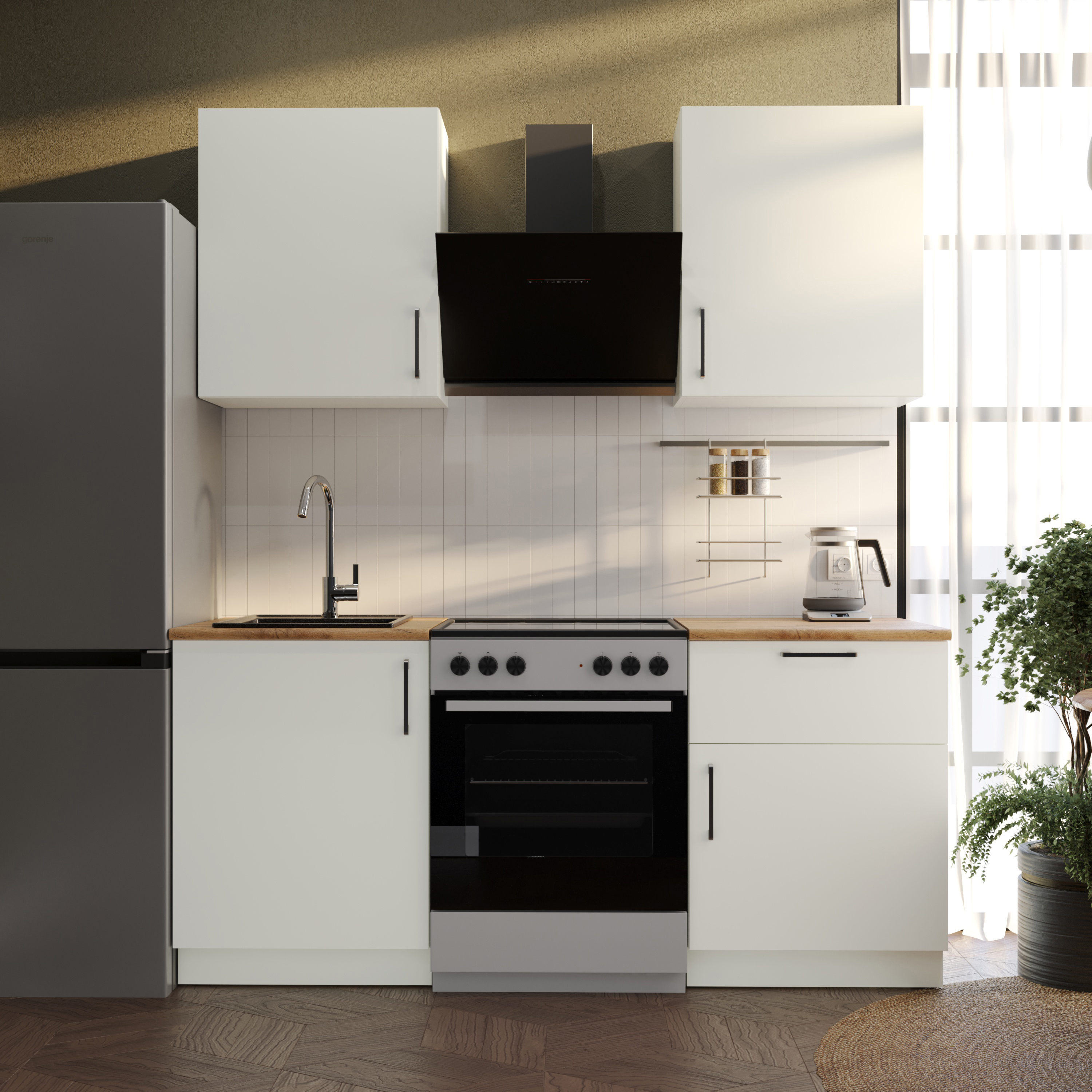 Кухонный гарнитур Domaci Болонья 180 см, фасад белый, ручка хром, столешница дуб вотан KUH-708303