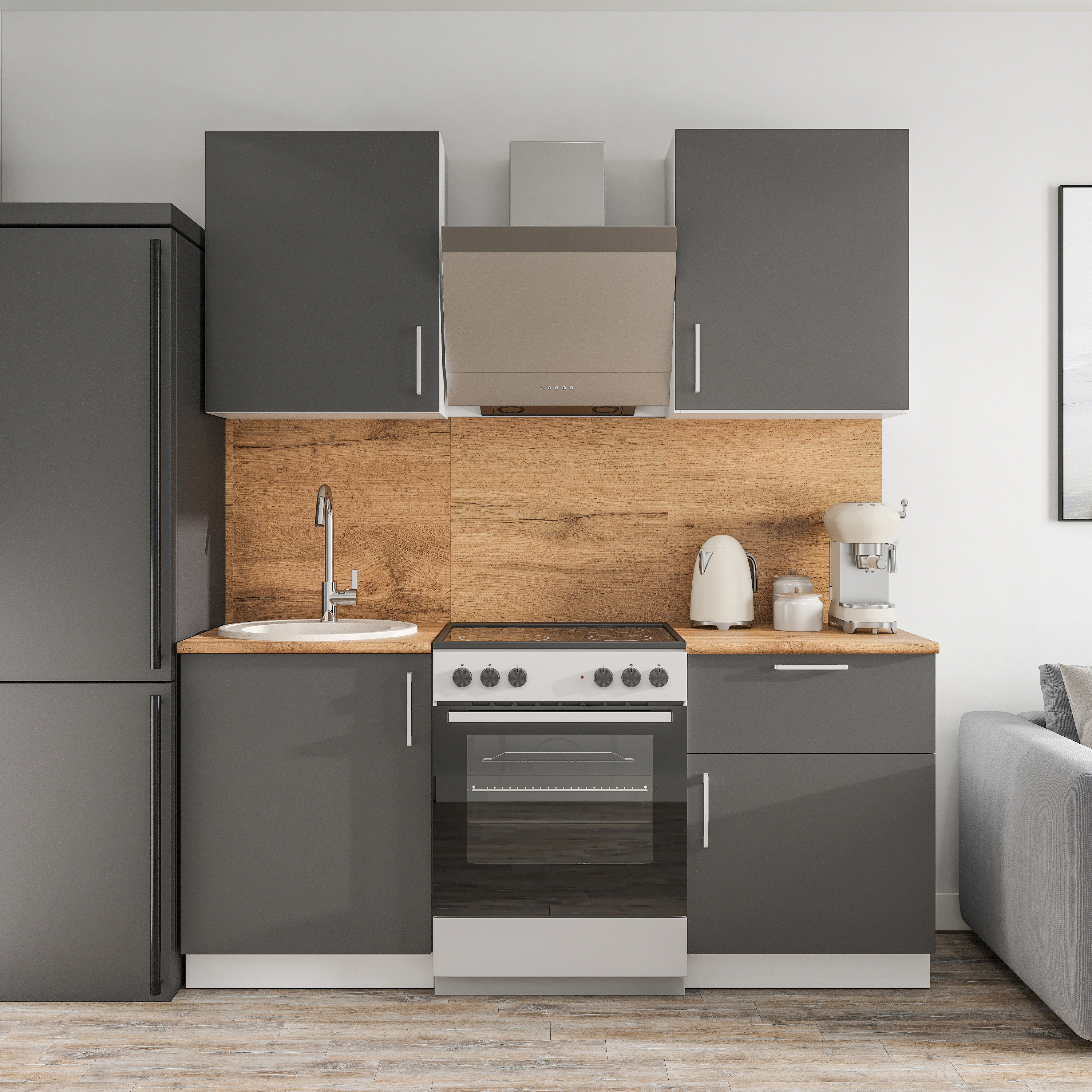 Кухонный гарнитур Domaci Болонья 180 см, фасад графит, ручка хром, столешница дуб вотан KUH-708306