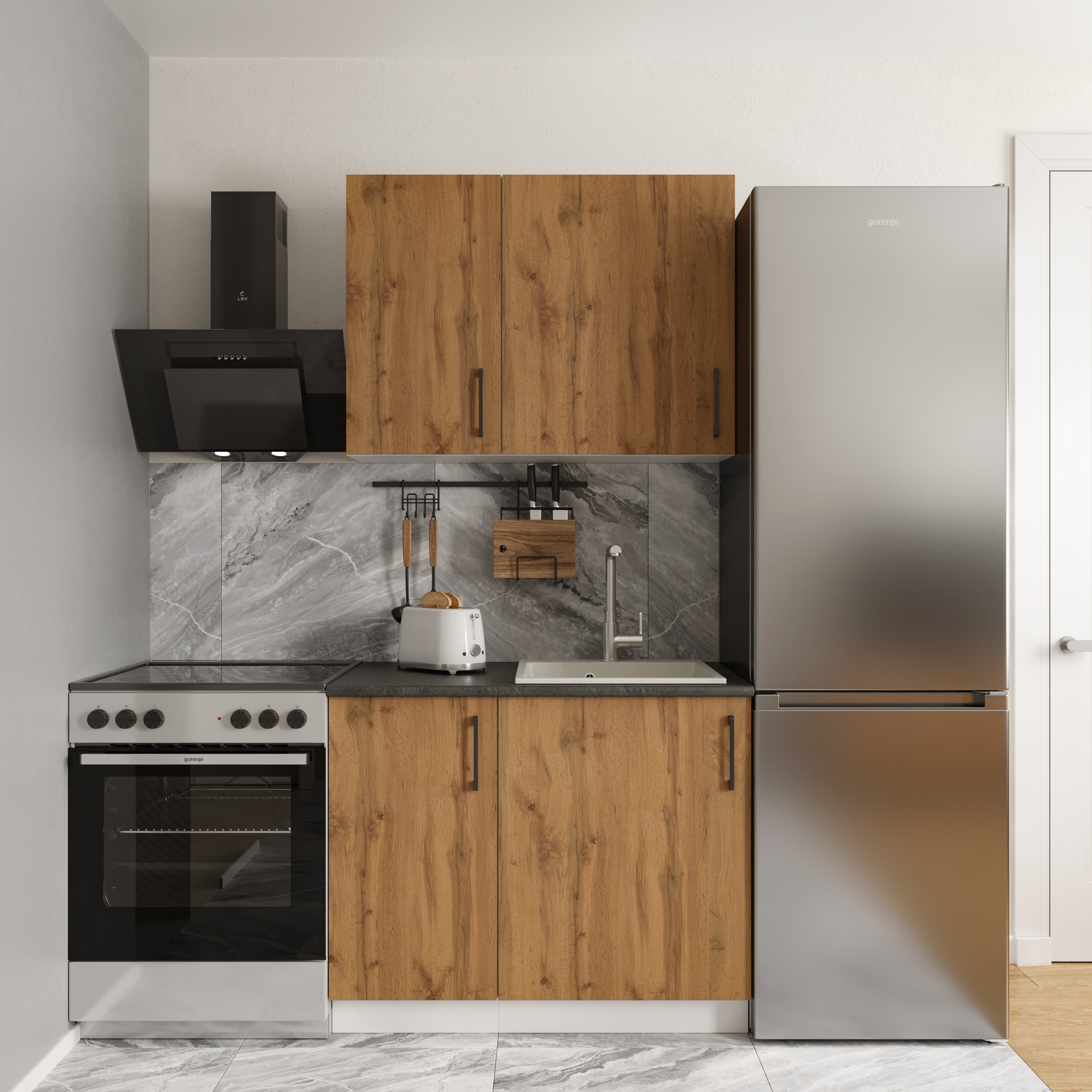 Кухонный гарнитур Domaci Болонья 160 см, фасад дуб вотан, ручка черная, столешница луна KUH-708206