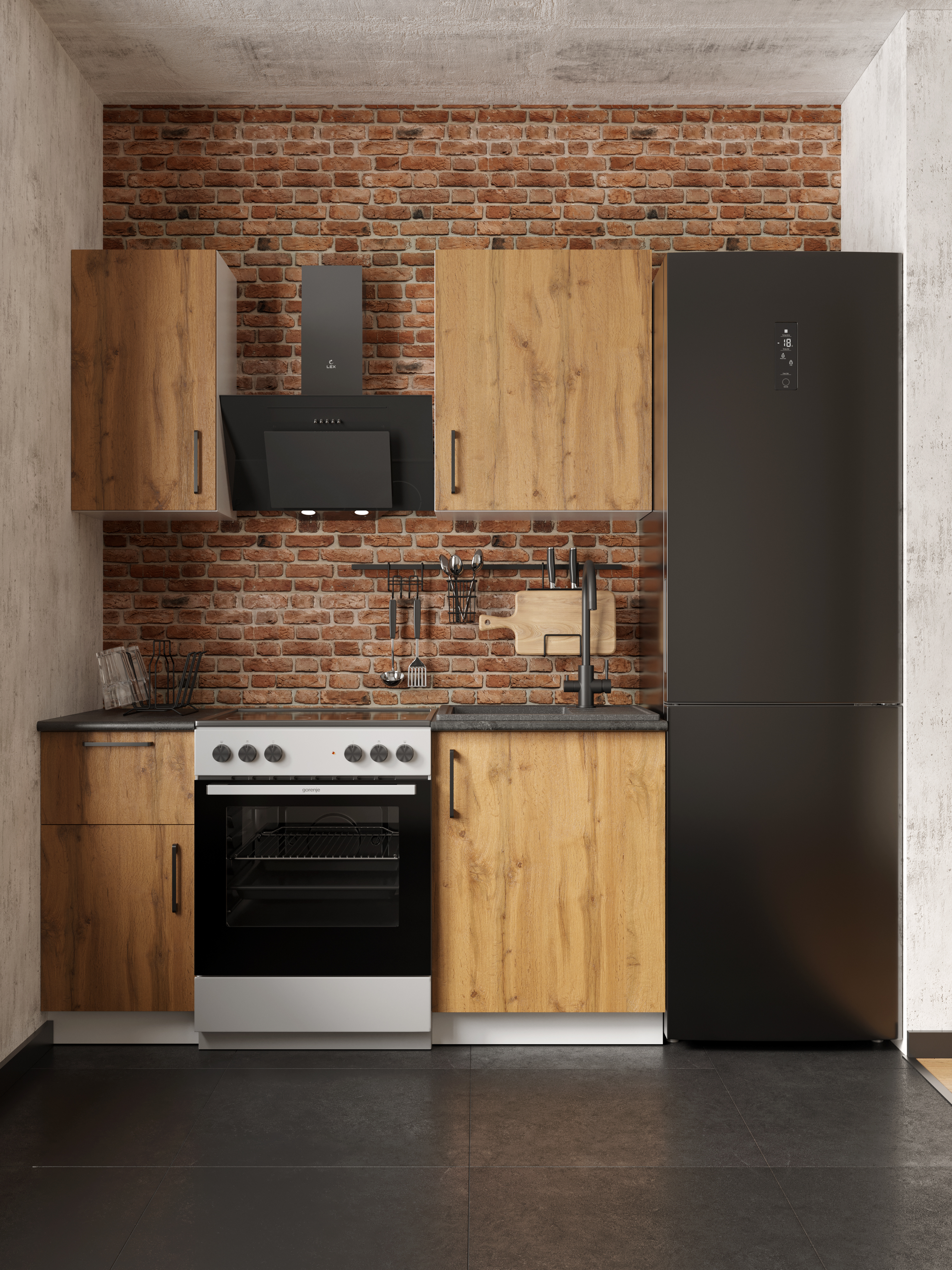 Кухонный гарнитур Domaci Болонья 160 см, фасад дуб вотан, ручка черная, столешница луна KUH-708284