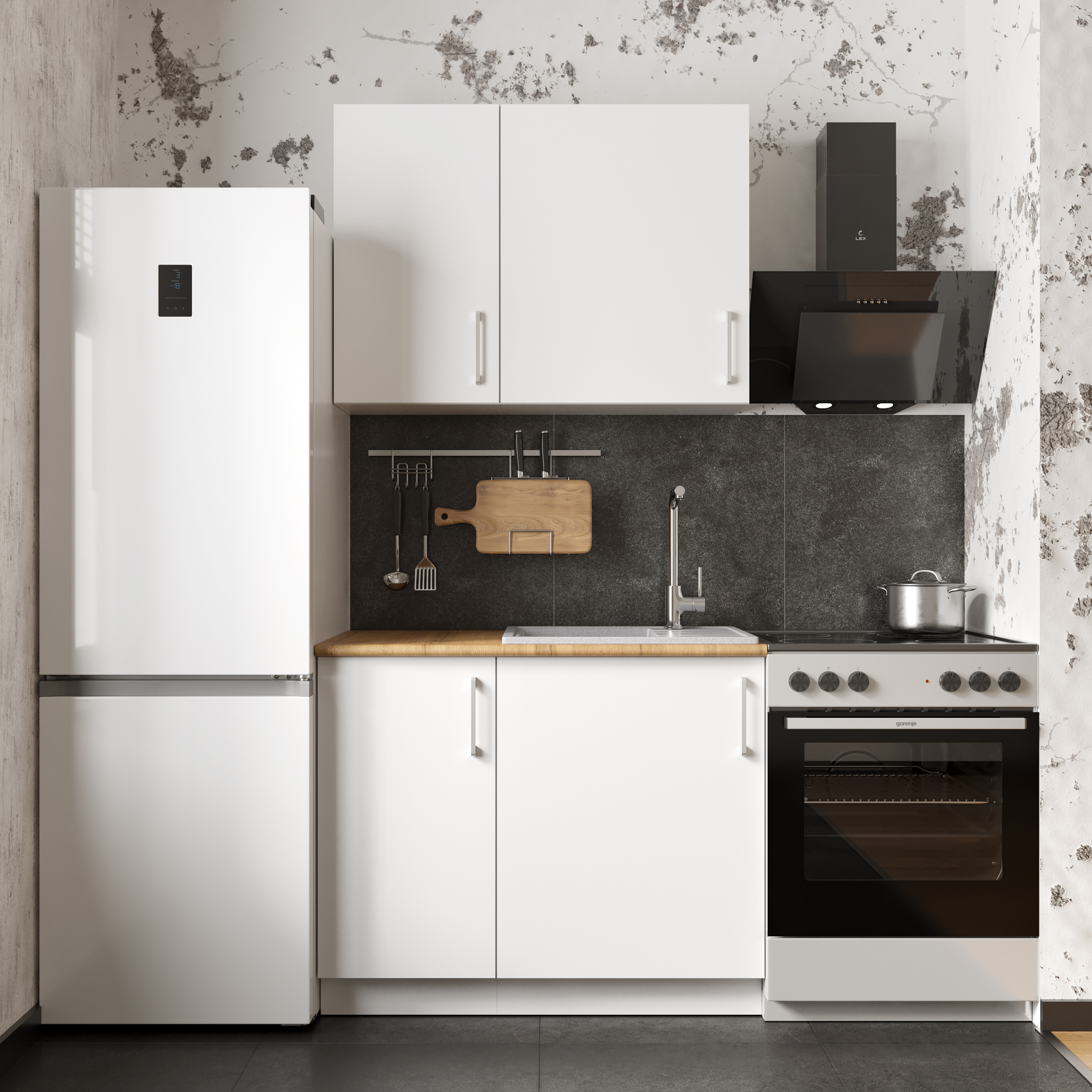 Кухонный гарнитур Domaci Болонья 160 см, фасад белый, ручка хром, столешница дуб вотан KUH-708205