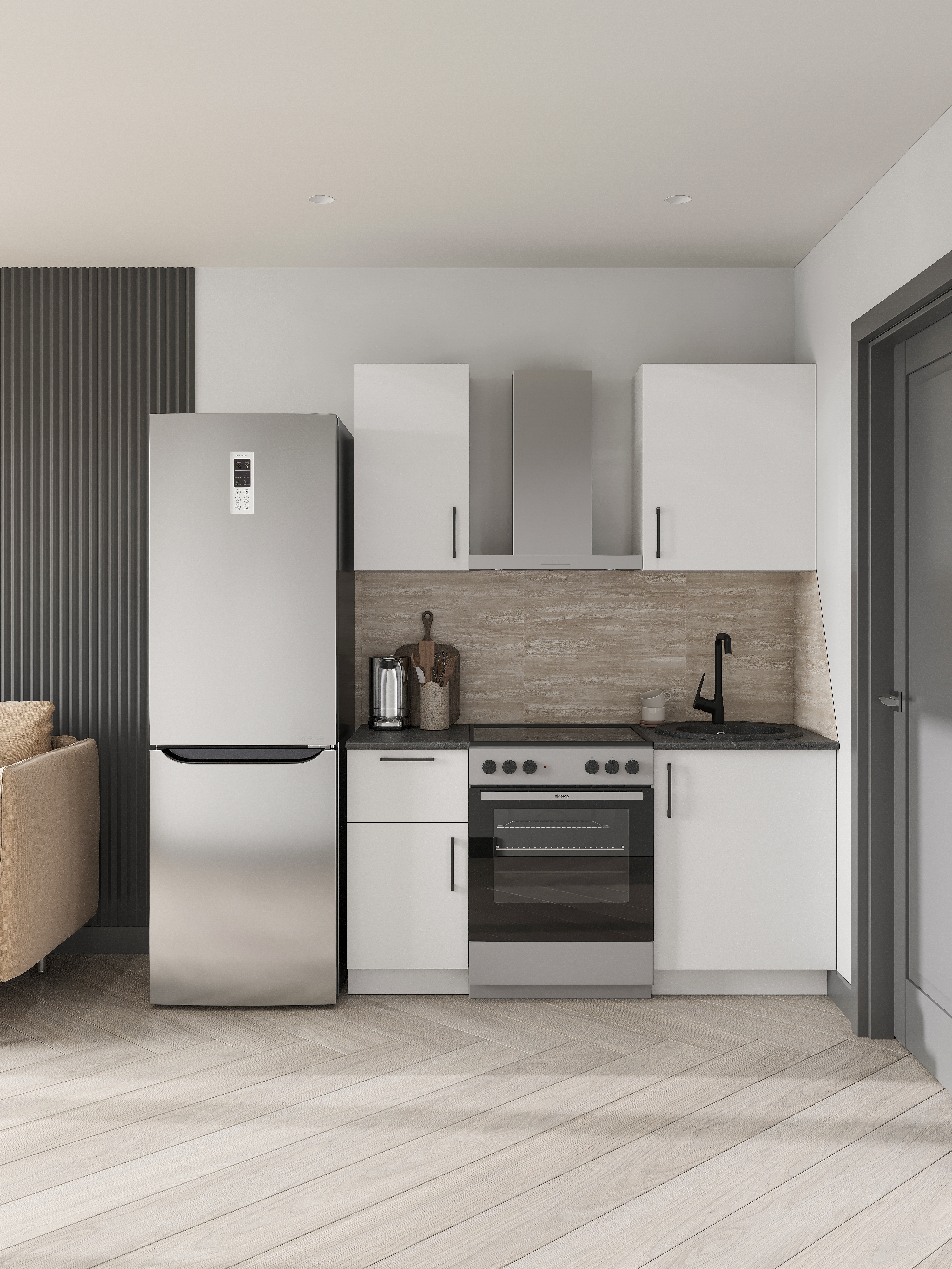 Кухонный гарнитур Domaci Болонья 160 см, фасад белый, ручка черная, столешница луна KUH-708234