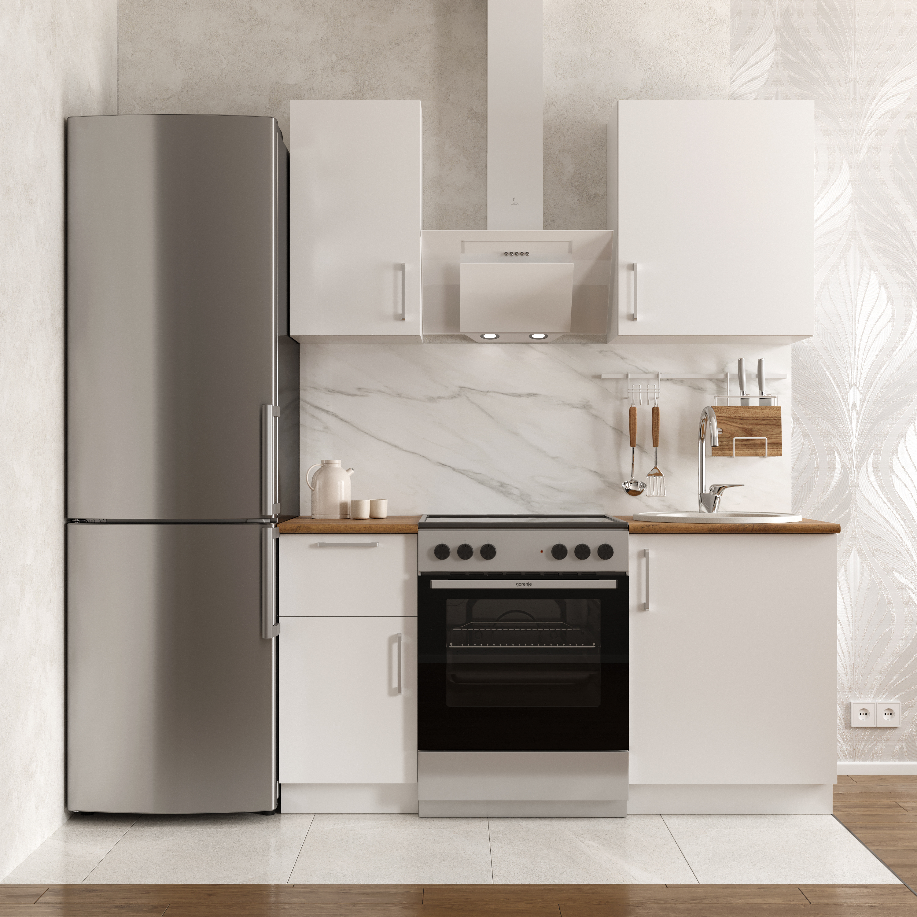 Кухонный гарнитур Domaci Болонья 160 см, фасад белый, ручка хром, столешница дуб вотан KUH-708282