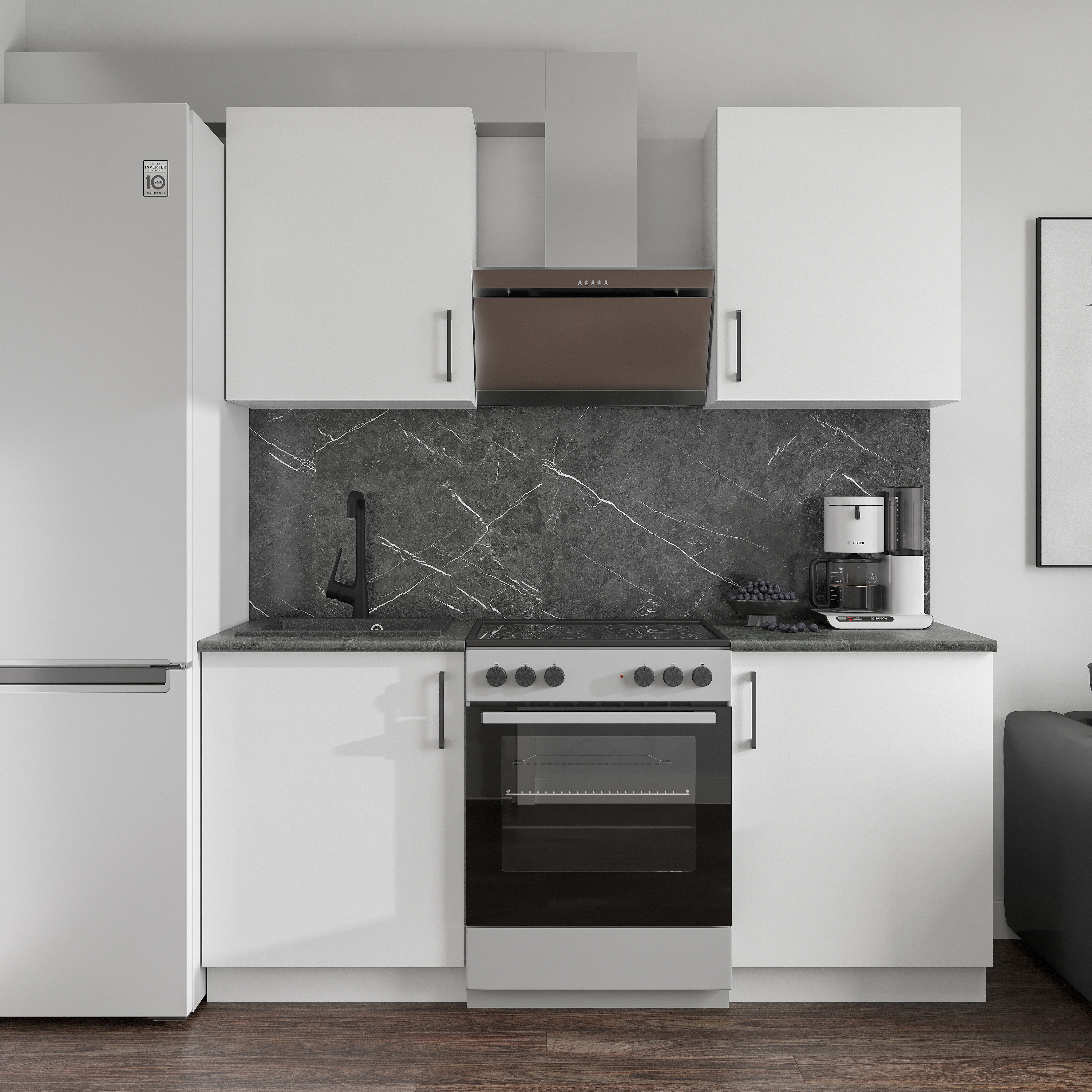 Кухонный гарнитур Domaci Болонья 180 см, фасад белый, ручка черная, столешница луна KUH-708294